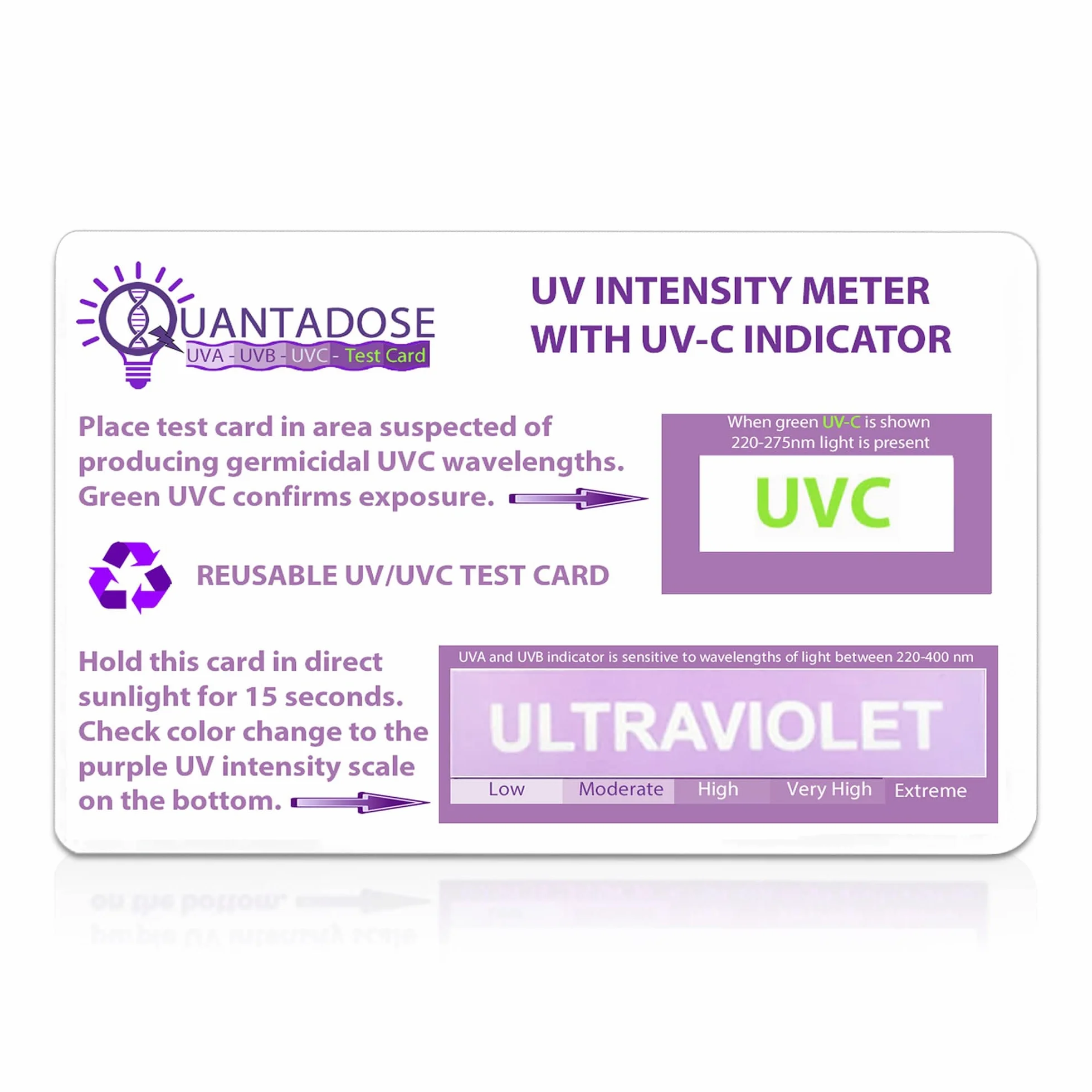 Carte de test UVC avec indicateur de longueur d'onde et test photochromique d'intensité UV