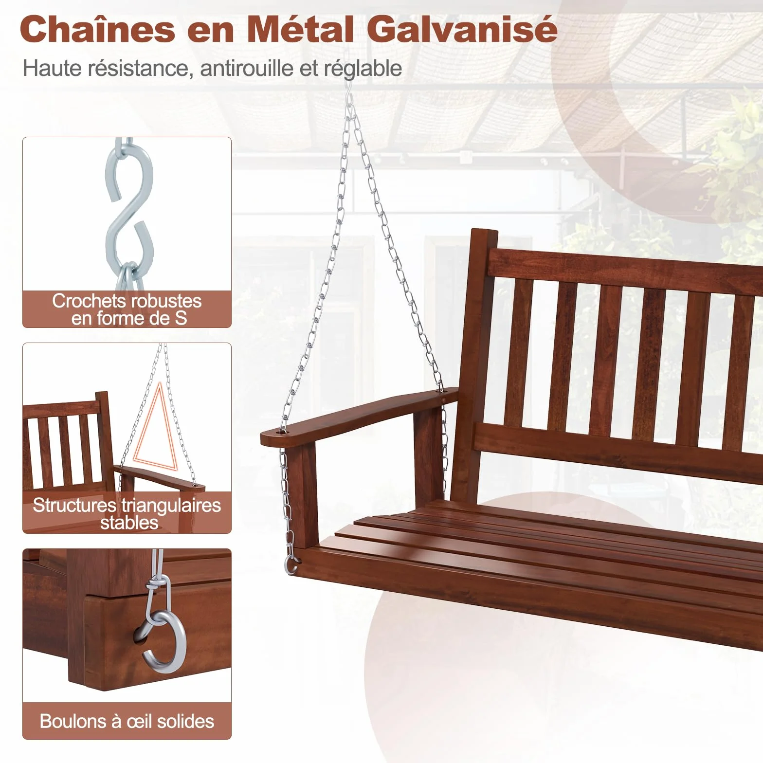 GOPLUS Balançelle Jardin 2/3 Places Extérieur Chaise Hamac Suspension Bois 230/360KG 136x67x63CM Marron