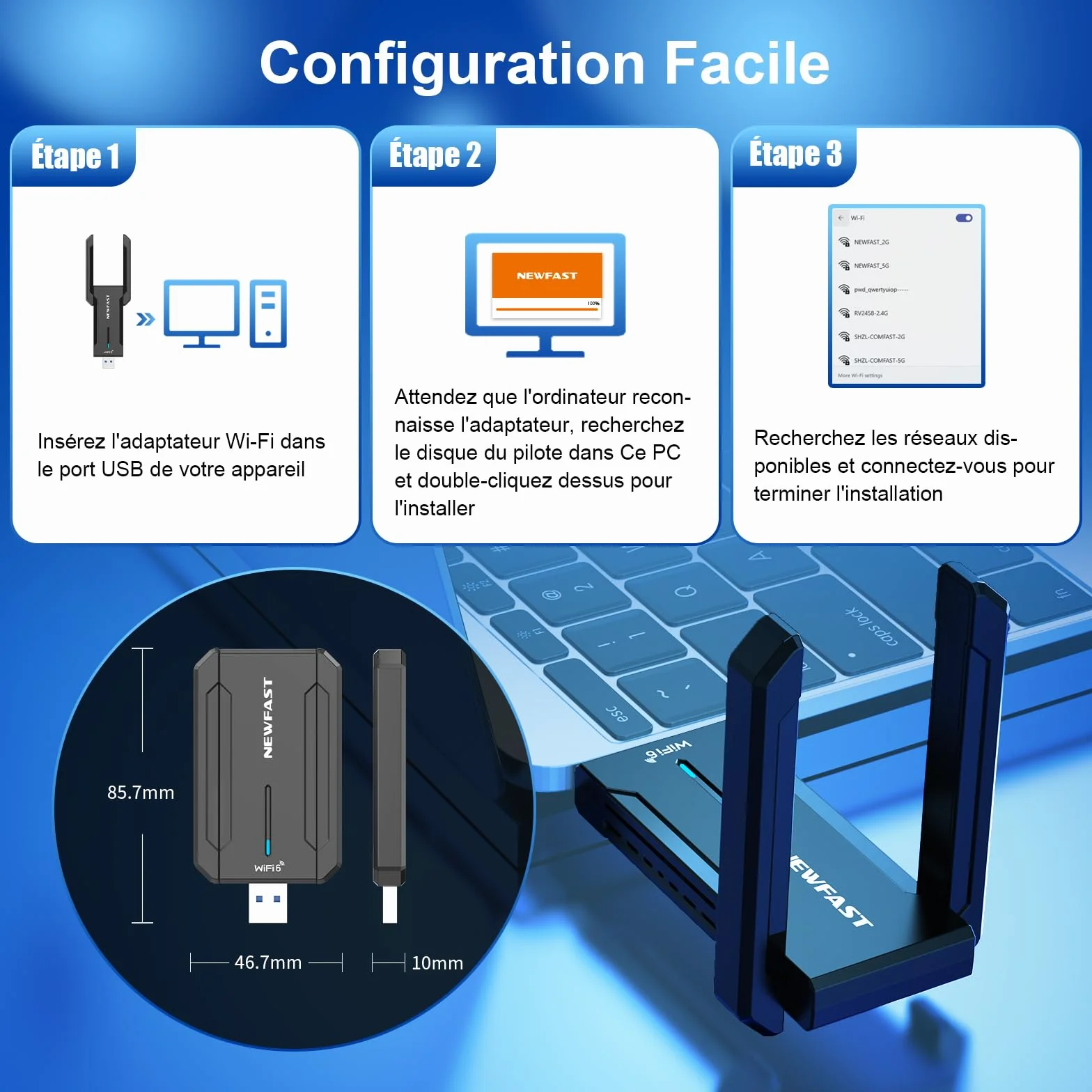 NEWFAST Clé WiFi 6E AXE5400 NF-U353, Tri-Bande USB 3.0 Adaptateur WiFi 6GHz WPA3 pour PC Windows 11/10