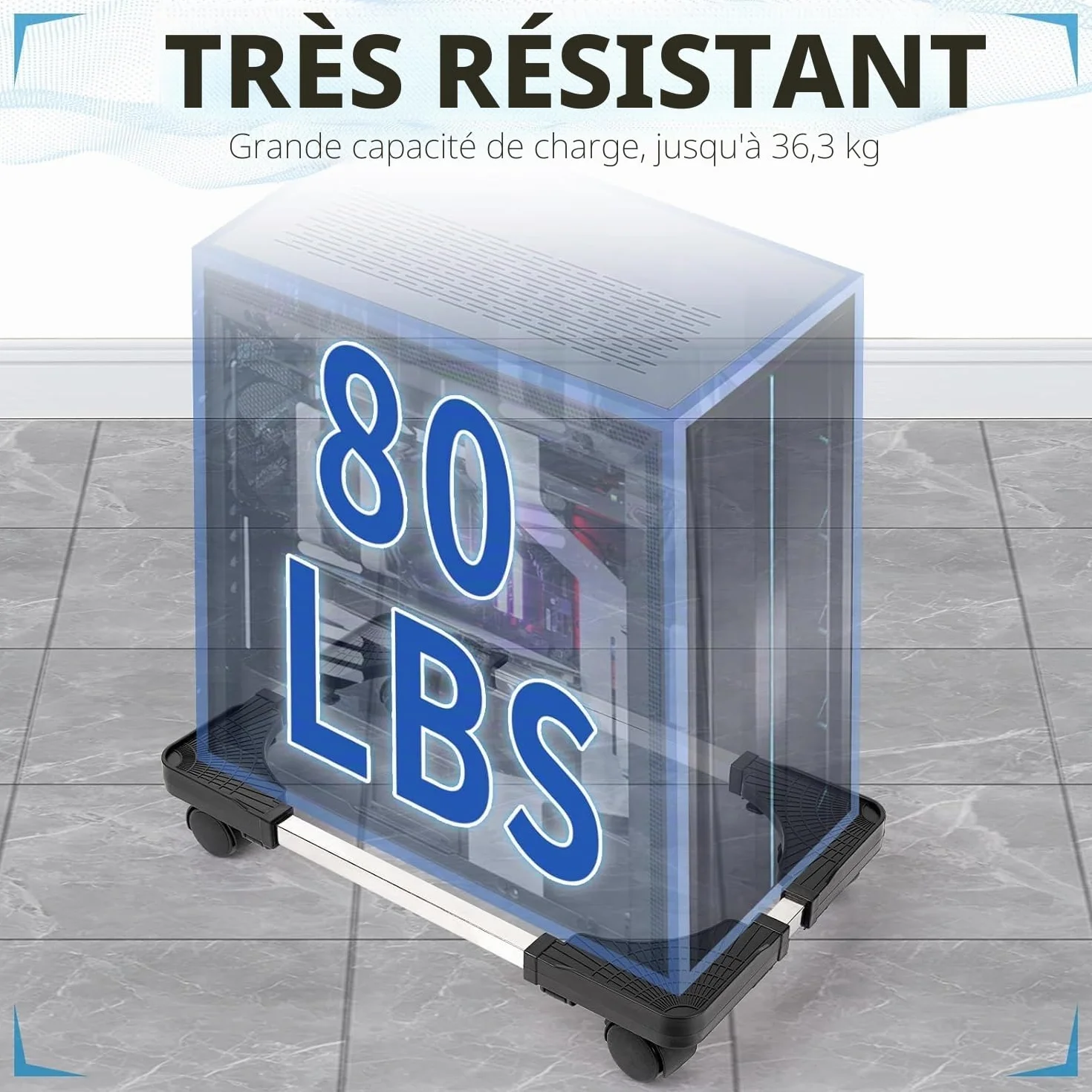 Support PC Fixe Réglable Stand avec 4 Roues Roulettes, 2 Roues Verrouillables Noir