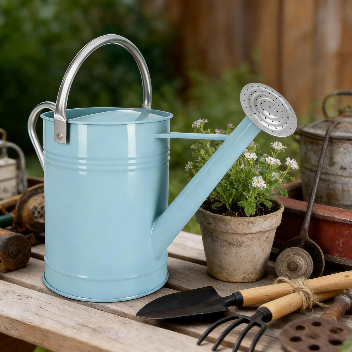 Arrosoir en métal Bleu Clair de 6,5 l pour Plantes d'extérieur et d'intérieur - Arrosoir en Acier galvanisé avec Bec Amovible, poignée de Transport Mobile - Pot d'arrosage résistant à la Rouille pour