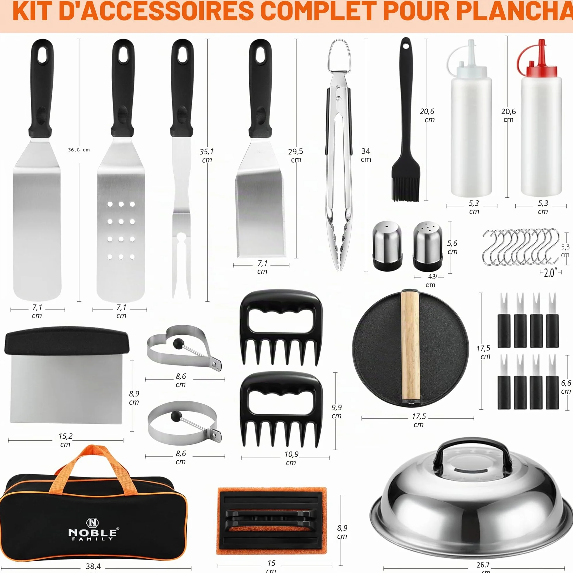 Kit d'accessoires de Barbecue Professionnels 38 Pièces Acier Inoxydable avec Pince, Presse à Hamburger, Sac de Transport