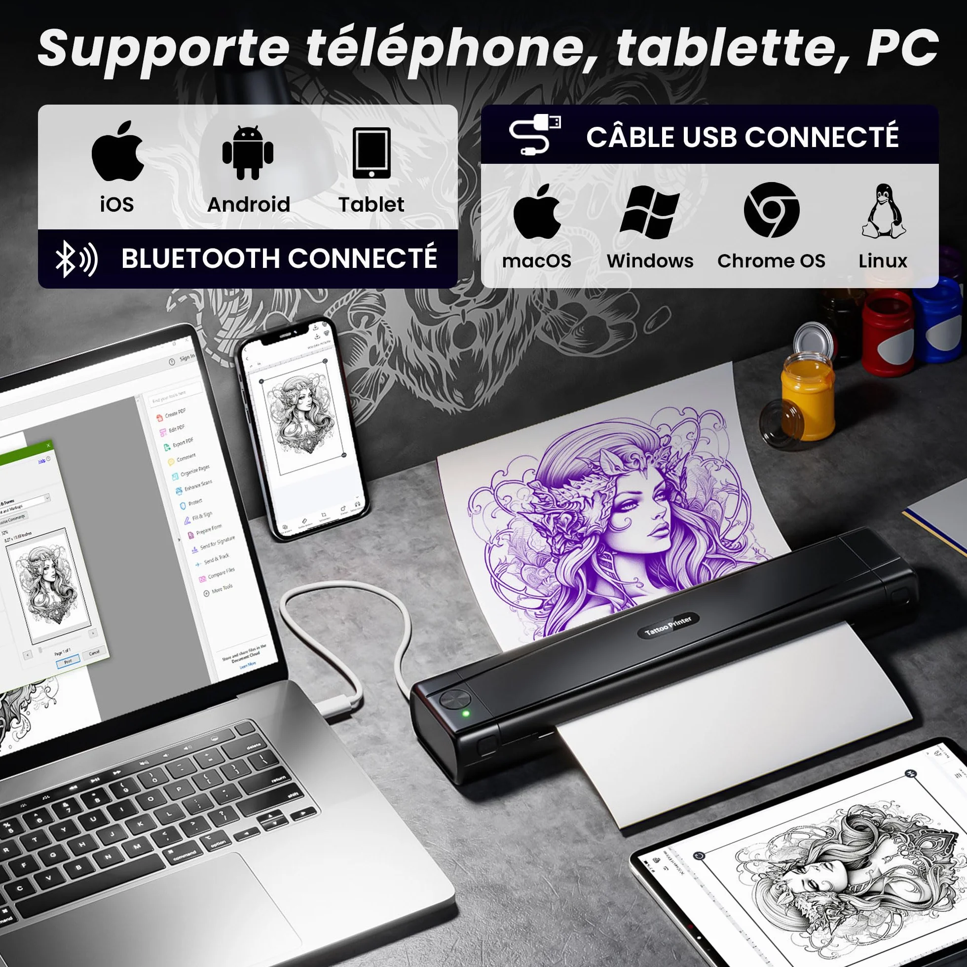 TATTMUSE Thermocopieur Tatouage Bluetooth, Imprimante Stencil Tatouage avec 10 Feuilles