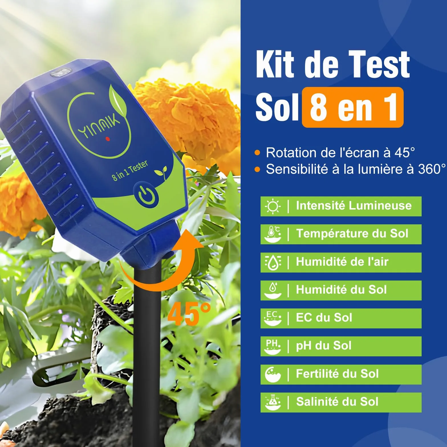 YINMIK Testeur de pH du Sol de Jardin, Humidimètre du Sol | Kit de Test Intelligent 8 en 1 pour leSol, Convient pour : Jardins, Pelouses, Serres, Agriculture et Cours Arrière