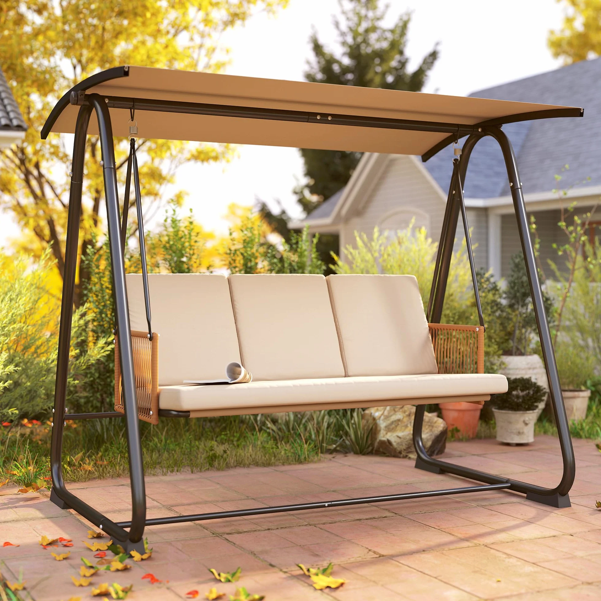 Outsunny Balancelle de Jardin 3 Places Toit Réglable UPF 30+ Acier 360kg Coussin 7cm Banc Suspendu Extérieur Terrasse Sable