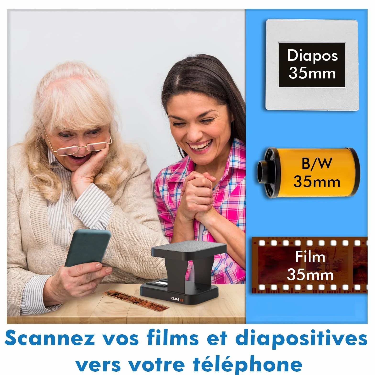 KLIM K2 Mobile Film Scanner 35mm + Free APP - Scanner Positif et négatif, Diapositives, Photos