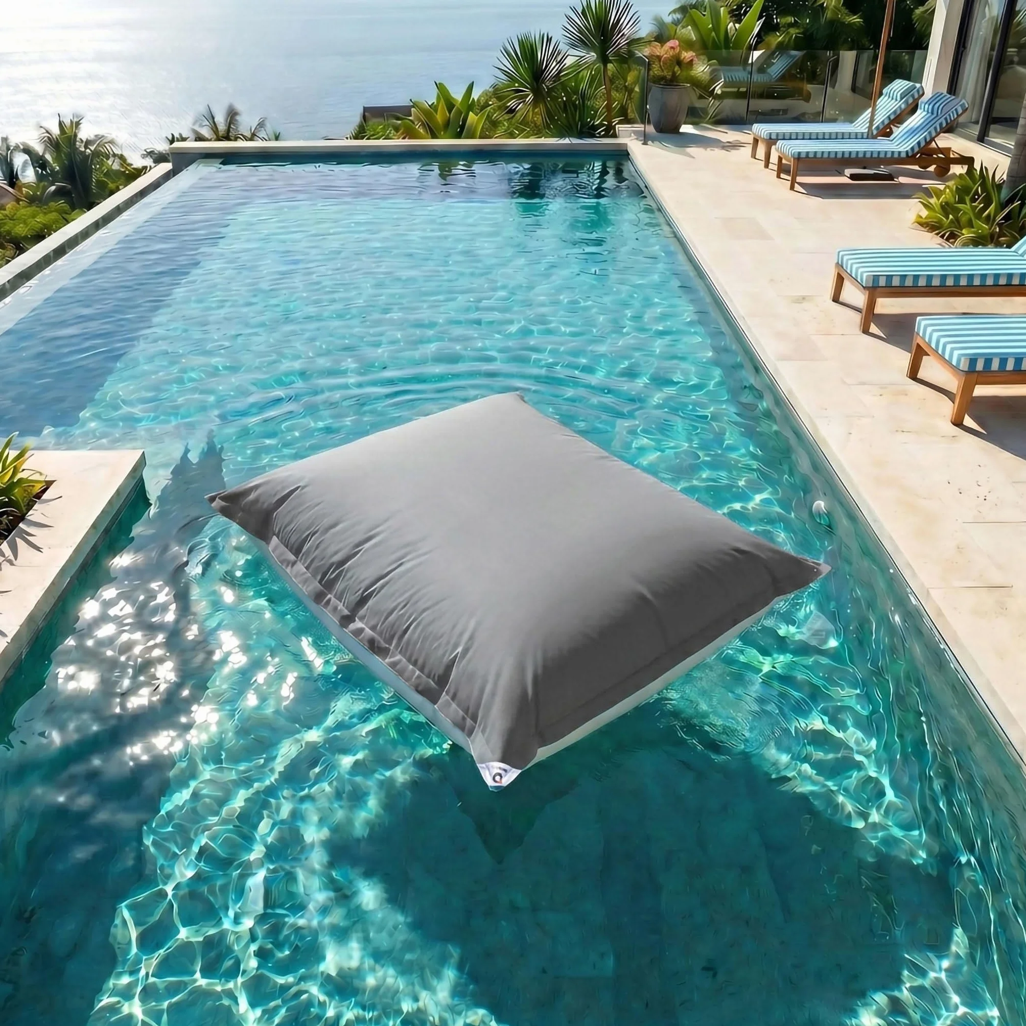 Housse pour Pouf Géant XXL 180x140cm Déhoussable Flottant Piscine Gris Galet