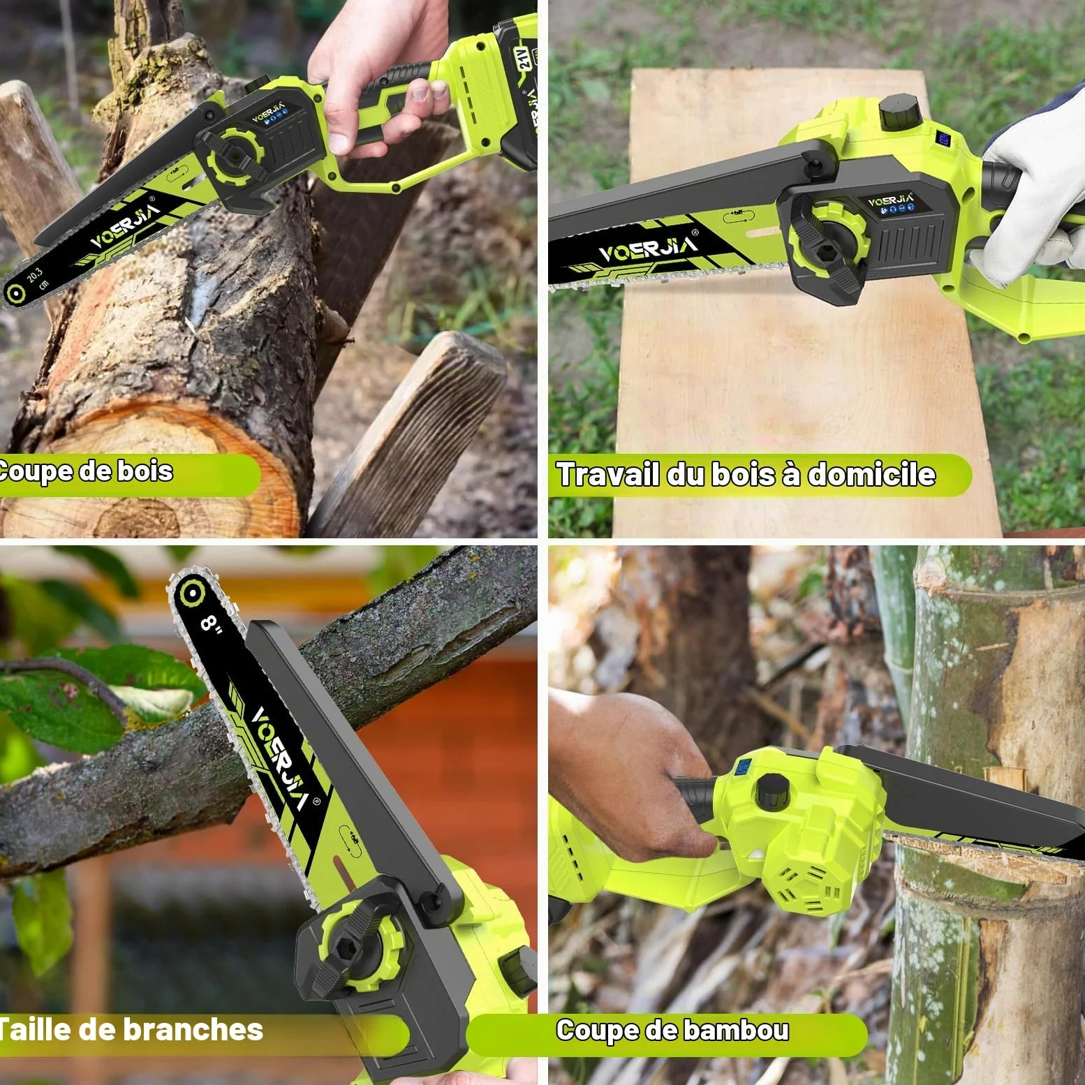 VOERJIA Mini Tronçonneuse à Batterie 21V avec Moteur Brushless et Lubrification Automatique, Élagueuse Électrique sans Fil 6 et 8 Pouces, 2 x 4.0Ah Batteries (LCD), pour Élagage, Jardinage