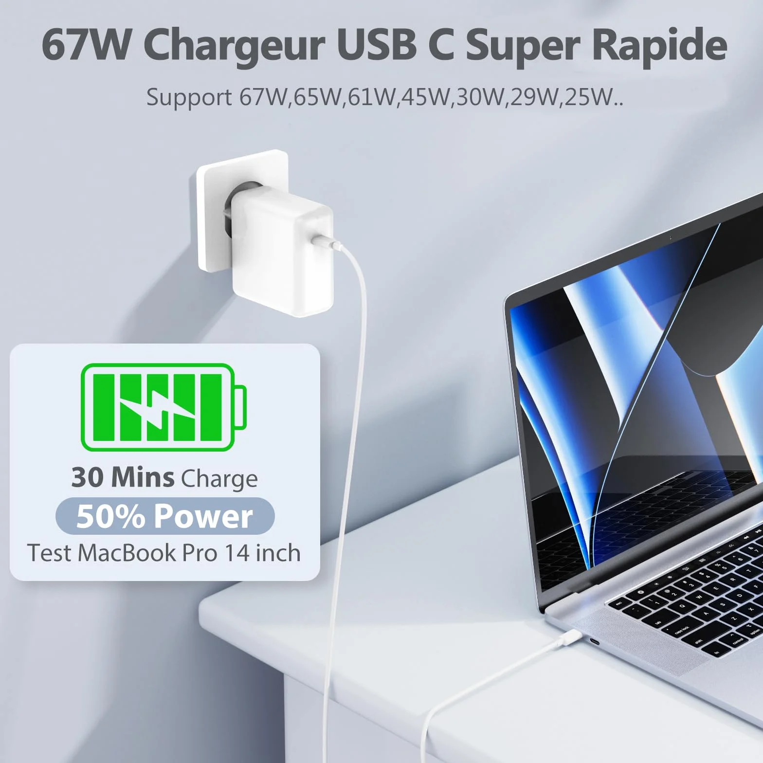 Chargeur MacBook Pro 67W USB C pour MacBook Air 2020/2019/2018, MacBook Pro 13/14/15/16 Pouces, Adaptateur Alimentation USB-C avec Câble 2 Mètres