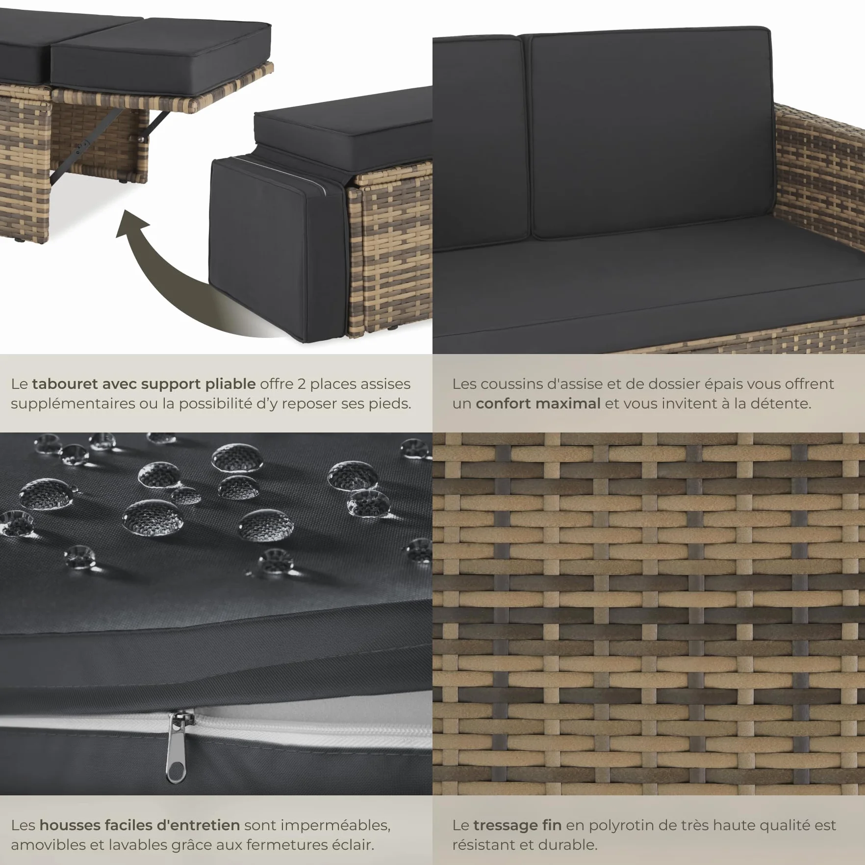 Tectake Salon de Jardin Poly Rotin Modulable Bain de Soleil 2 Places 1 Canapé 1 Tabouret Pouf Repose-pieds Inclinable