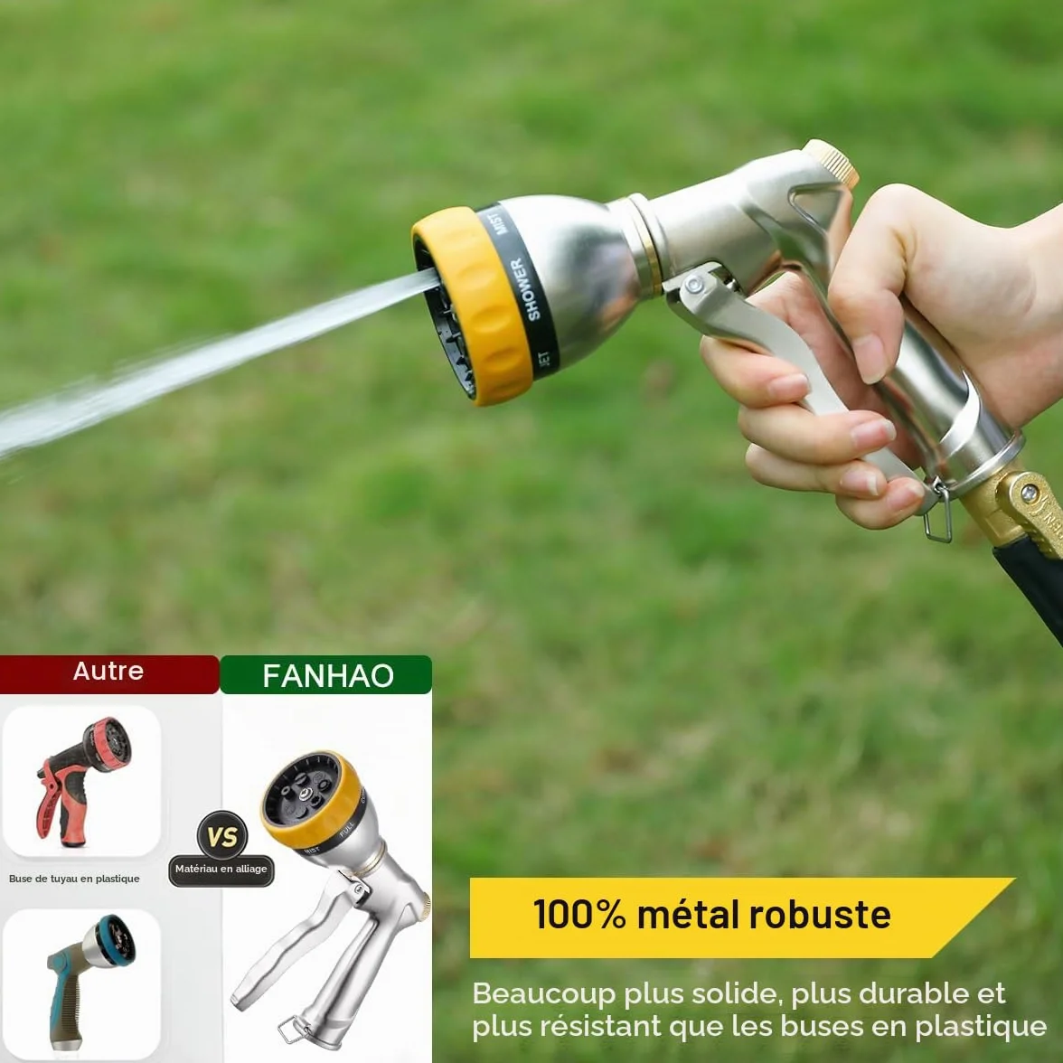FANHAO Pistolet d'arrosage Métal 7 Modèles Débit Réglable Lavage Voiture Cour Arroser Plantes Pelouse