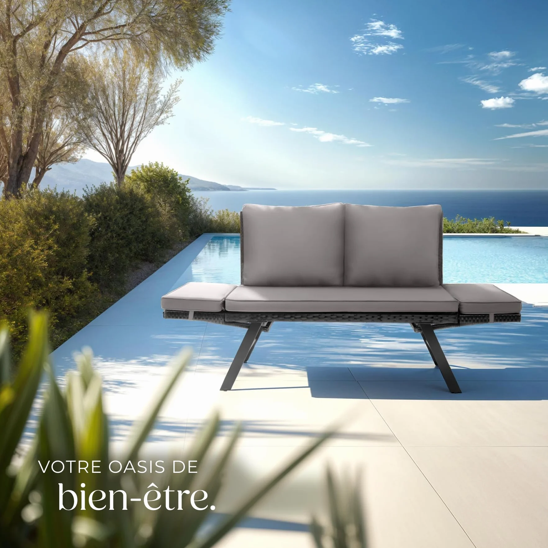 Tectake Salon de Jardin Exterieur 2en1 Canapé 2 Places Bain de Soleil en Résine Tréssée