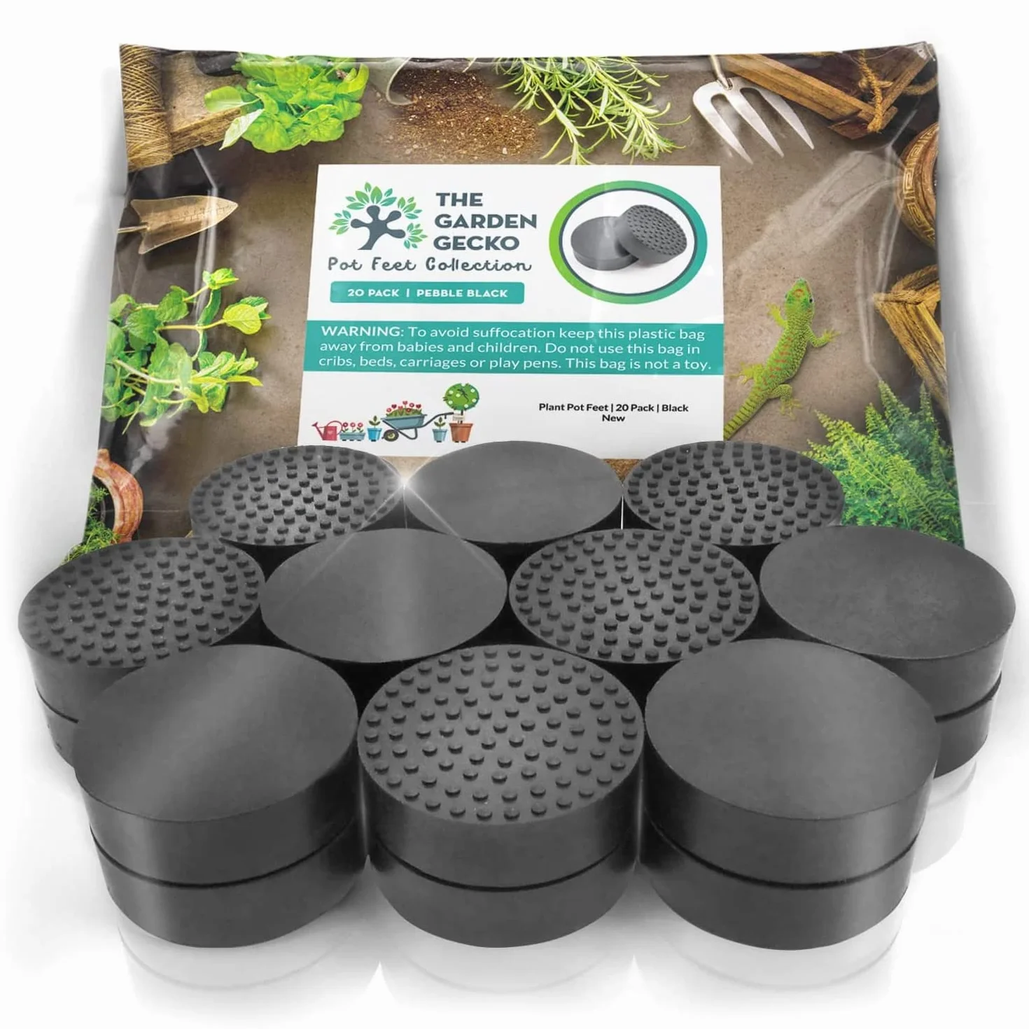 Pieds de Pot Invisibles Garden Gecko pour Pots de Fleurs Extérieur - Réhausseurs Caoutchouc Solide Antidérapant - Paquet de 20