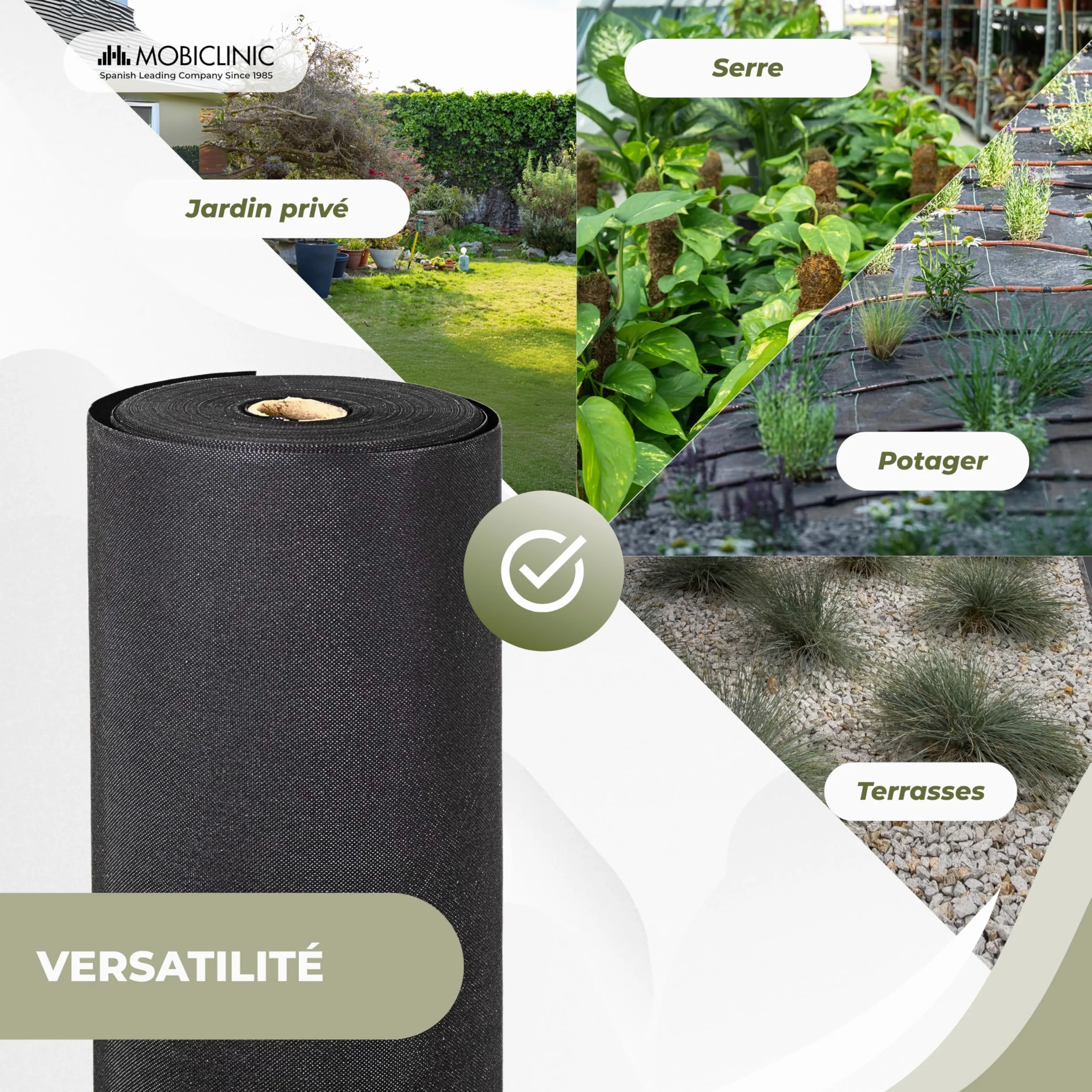 Mobiclinic®, Toile de Paillage, 150 g/m² Grammage Élevé, 1 x 50 m, Résistante aux UV et aux Déchirures, Toile Anti-Mauvaises Herbes, Perméable à l'eau, Respirante, Jardin et Serre, HerbStop