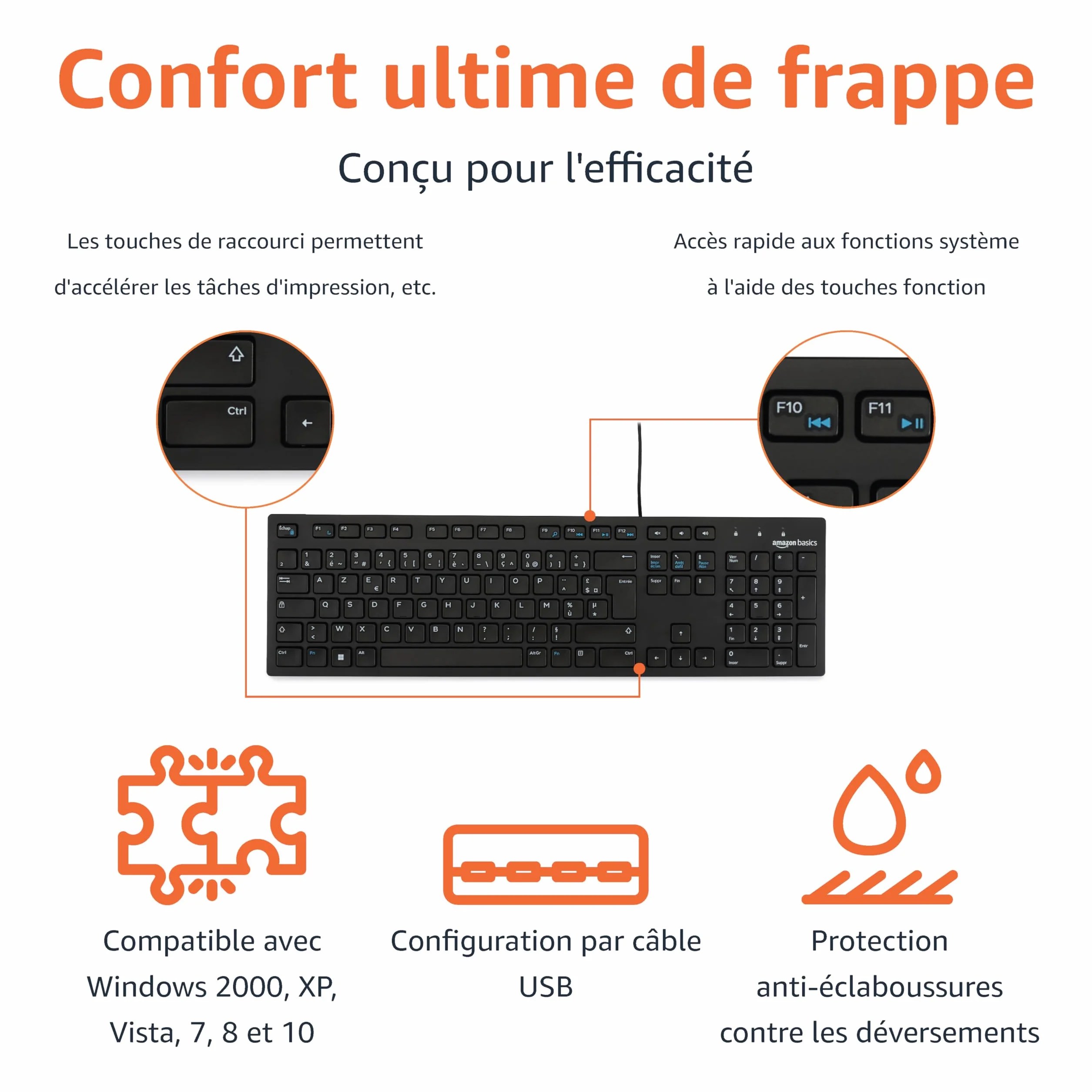 Amazon Basics Clavier USB filaire discret disposition française noir mat