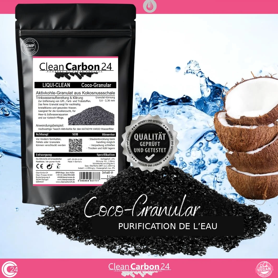Clean Carbon 24 LIQUI-Clean Coco granulé 8×30Mesh/0,8–3,2mm, 10l | 5kg | Granulés fins 0,6–2,36 mm pour aquarium, bassin et filtration de l’eau, activés physiquement à la vapeur