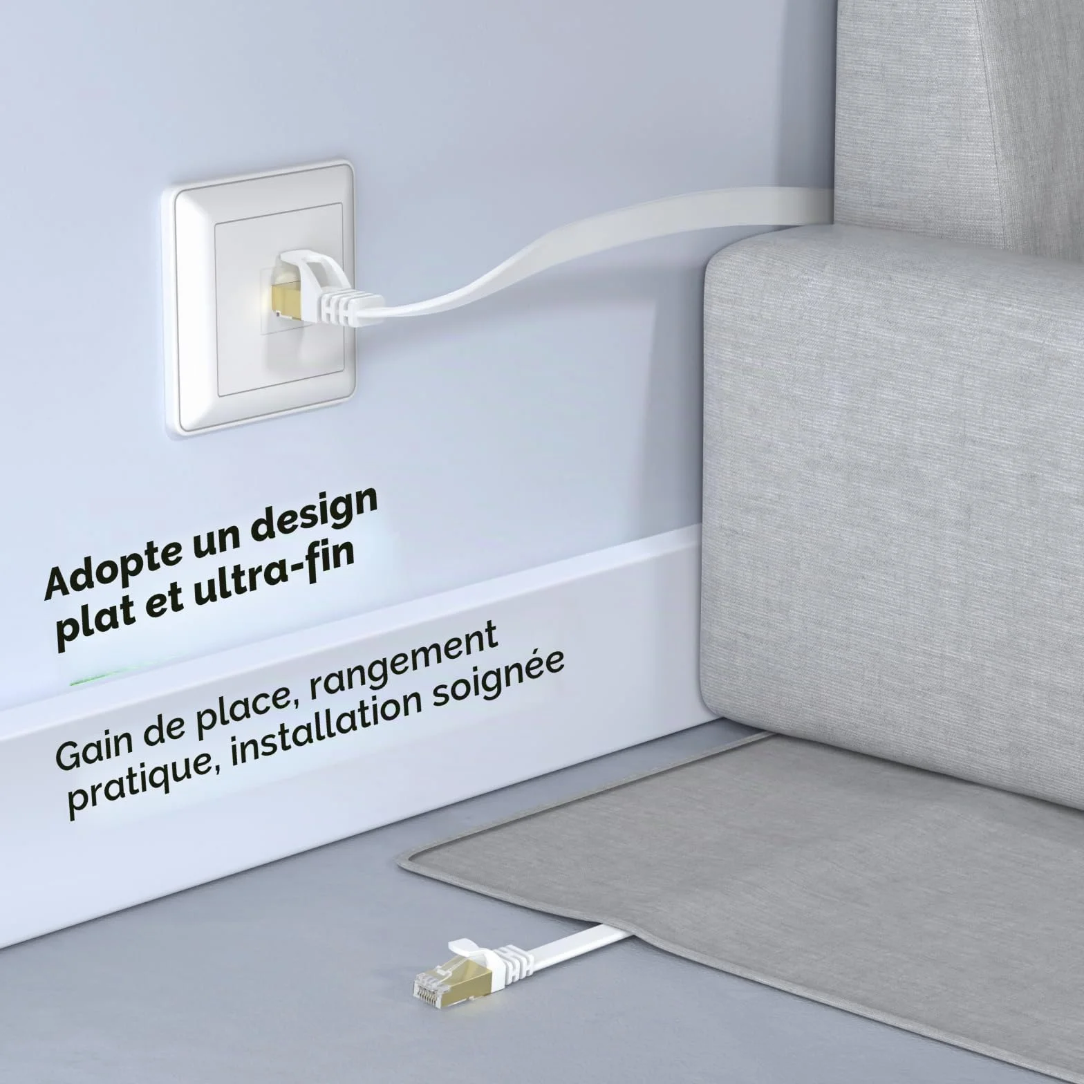 Câble Ethernet Cat 8 20M, Câble Réseau LAN Gigabit RJ45 Plat Haute Vitesse 40Gbps 2000MHz Blanc