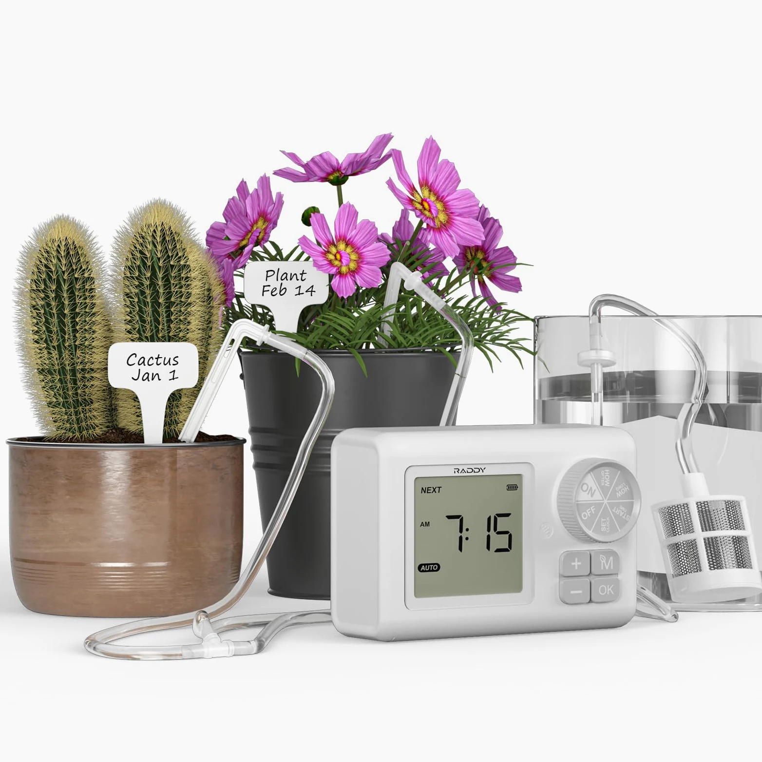 Raddy WS-64 Kit d'Arrosage Goutte-à-Goutte Automatique avec Minuterie Programmable LCD, Système IPX4 pour 15 Plantes en Pot, pour Balcon et Terrasse