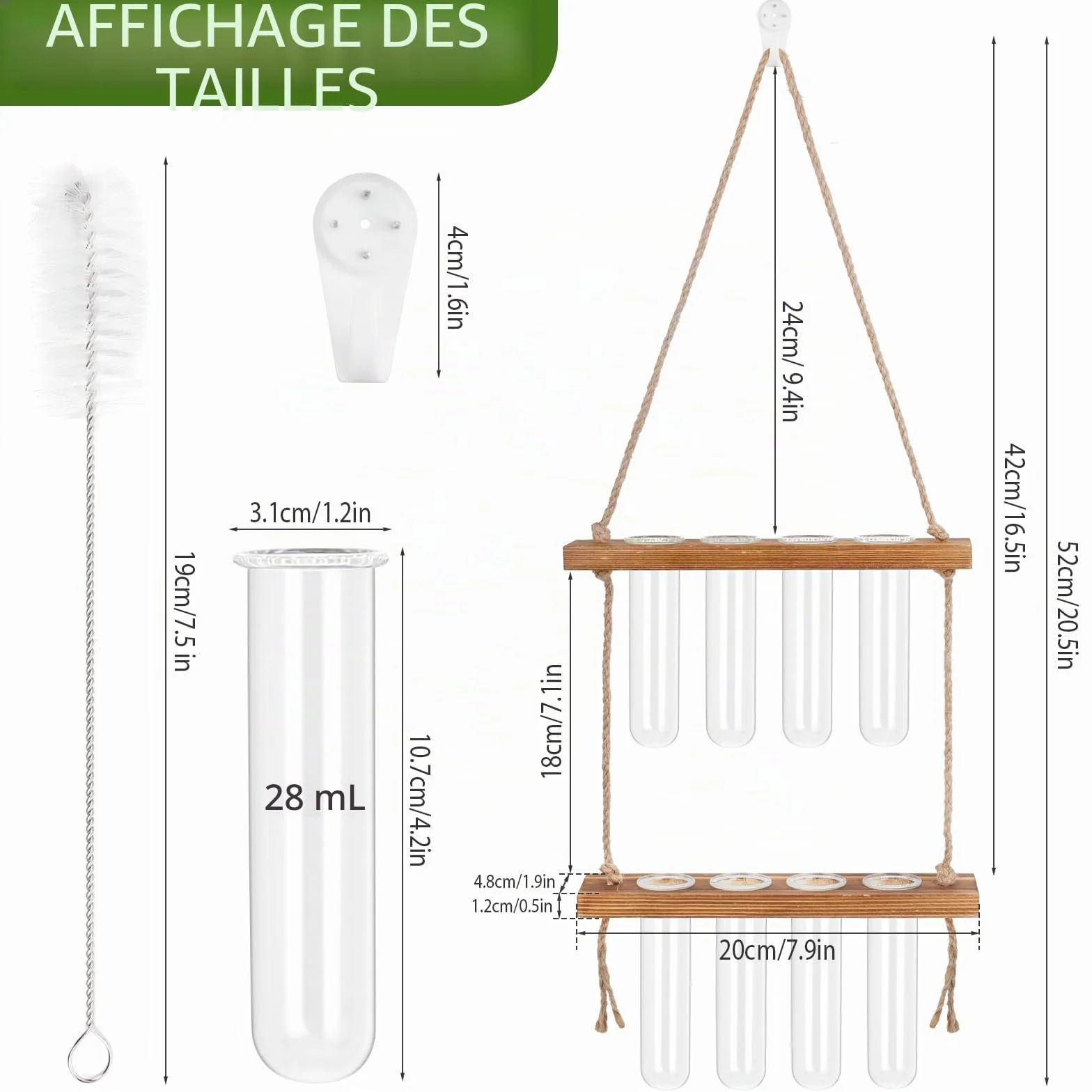 Vase Mural en Verre 2 Étage, 8PCS Vase Tube à Essai, Pot de Fleur avec Support en Bois, 42x20cm