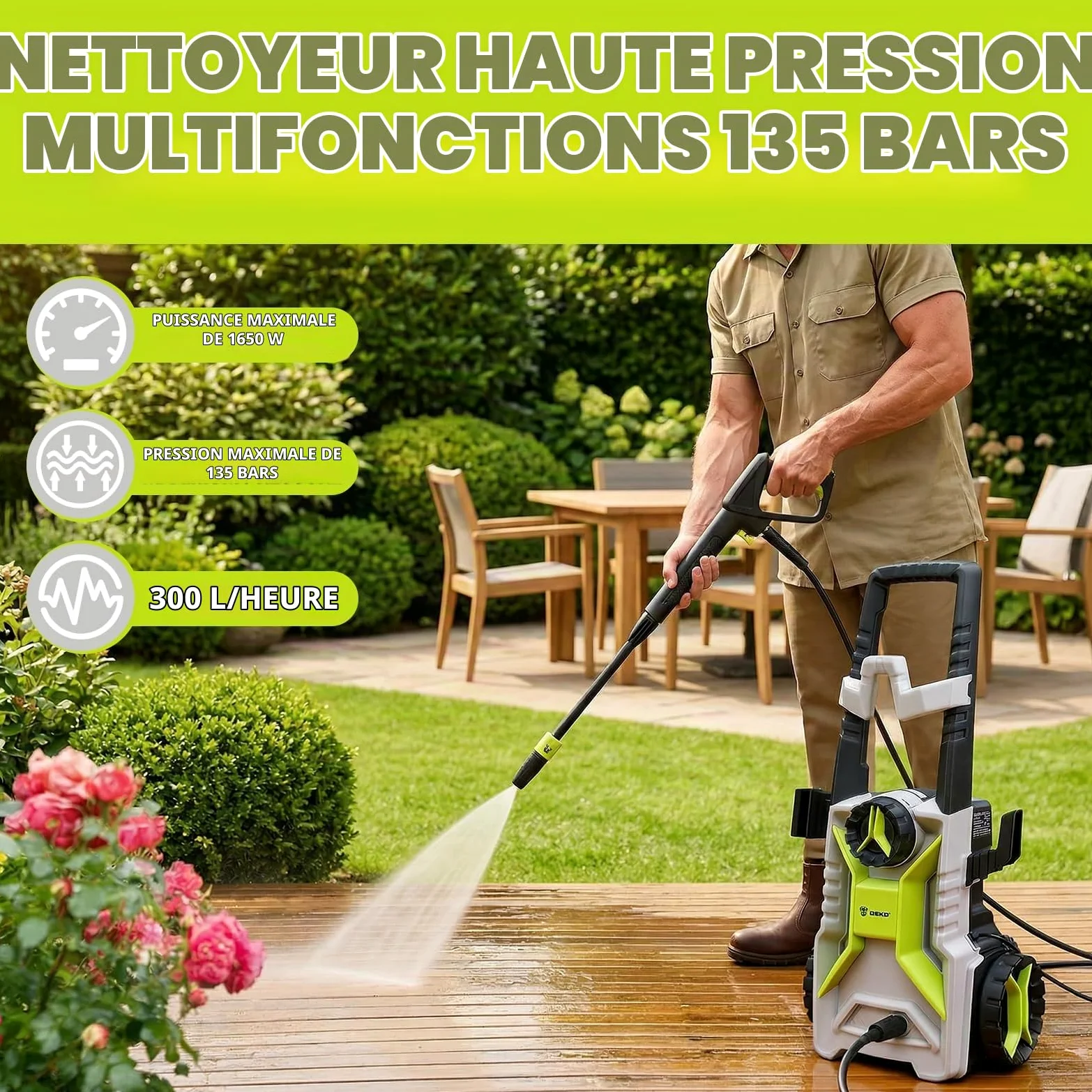 Nettoyeur Haute Pression 160 Bar: DEKOPRO 2200W Nettoyeur Haute Pression Terrasse 360 L/h pour l'Entretien des Cours, des Jardins et Le Lavage des Voitures