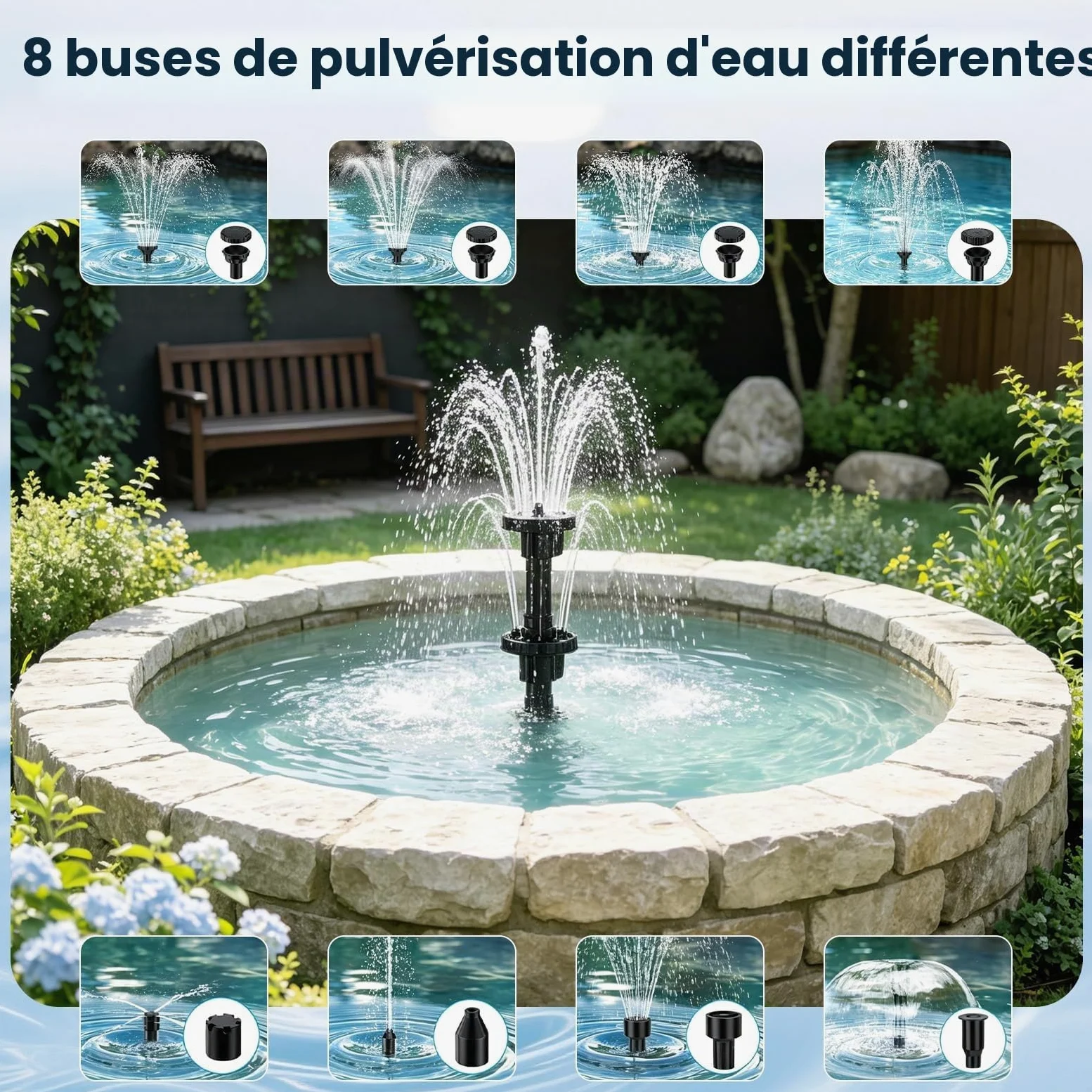 Pompe Solaire Bassin Exterieur 8W,avec 8 Buses,Effet Double Couche | avec Batterie 3600 Mah,Protection Contre Surchauffe,Pompe Solaire pour Bassin,Bain d'oiseaux,Jeu d'eau De Jardin