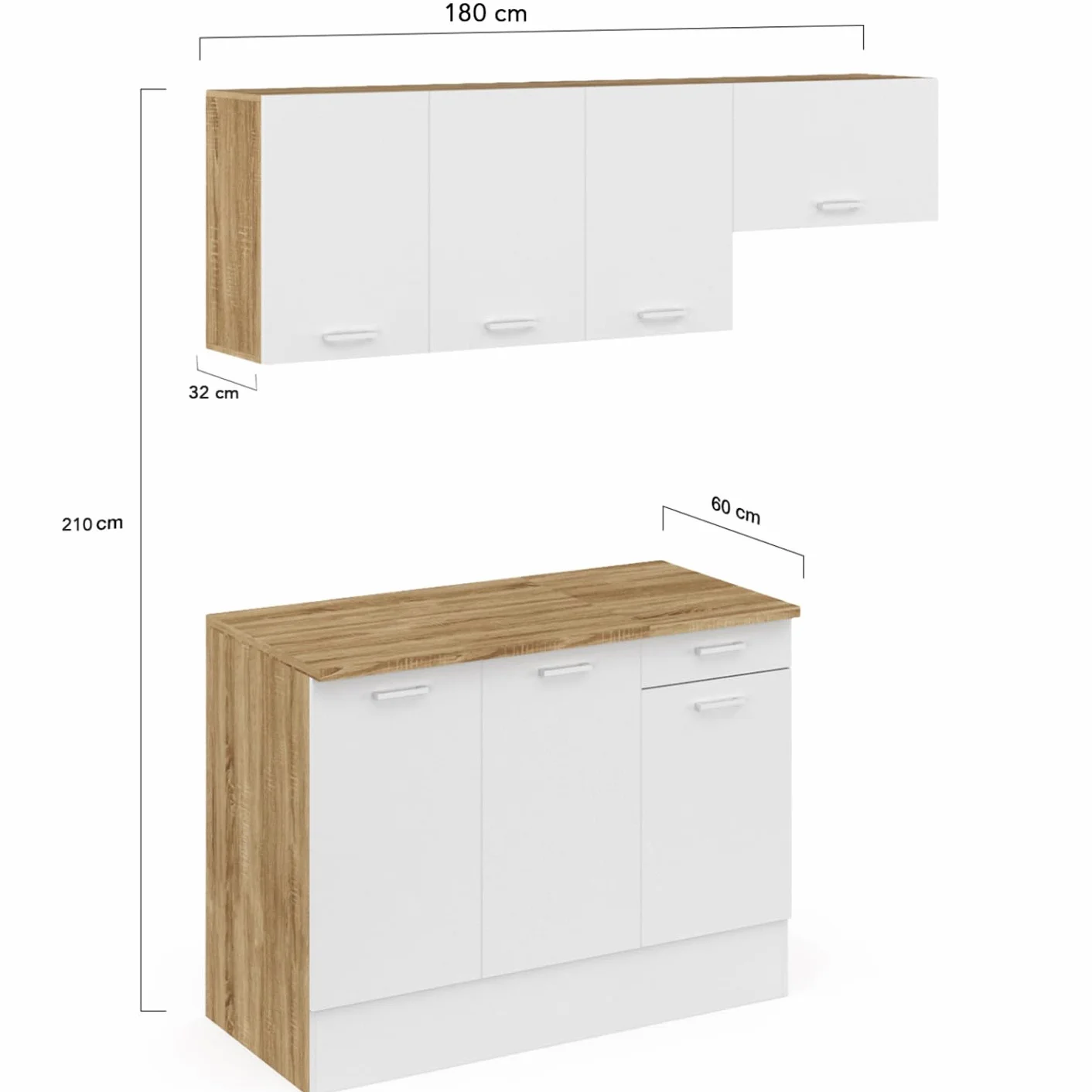 Cuisine complète 180 cm Subtil Plan de Travail 5 éléments Bois Blanc