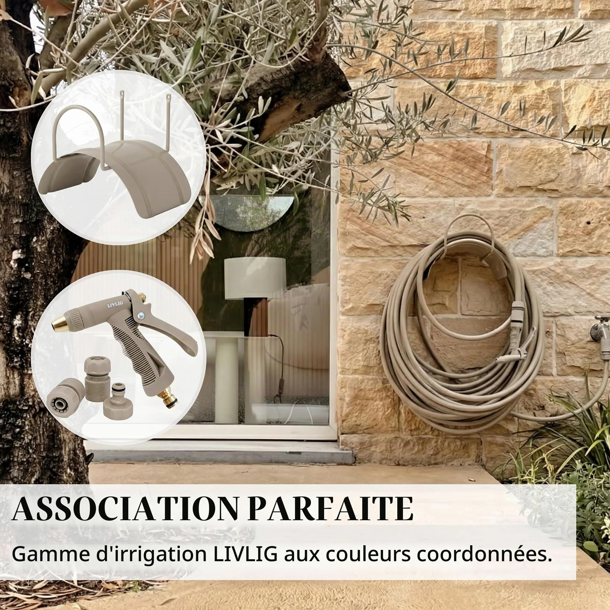LIVLIG Tuyau d'Arrosage 10m Design – Tuyau Arrosage Flexible, 60% Recyclé, UV Résistant, Anti-Torsion, 1/2 Pouce, Beige