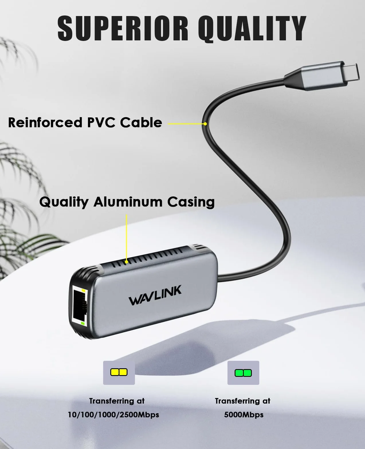 WAVLINK Adaptateur USB C vers Ethernet 5Gbps, Réseau Gigabit RJ45 sans Pilote