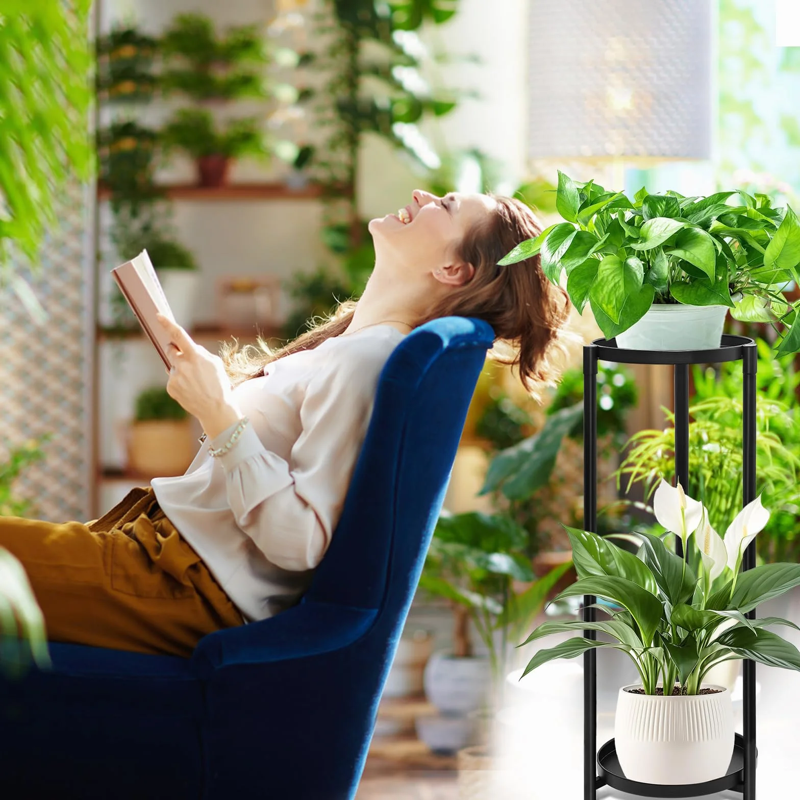 Porte plante interieur étagère 2 niveaux métal, Support pot fleurs maison balcon jardin