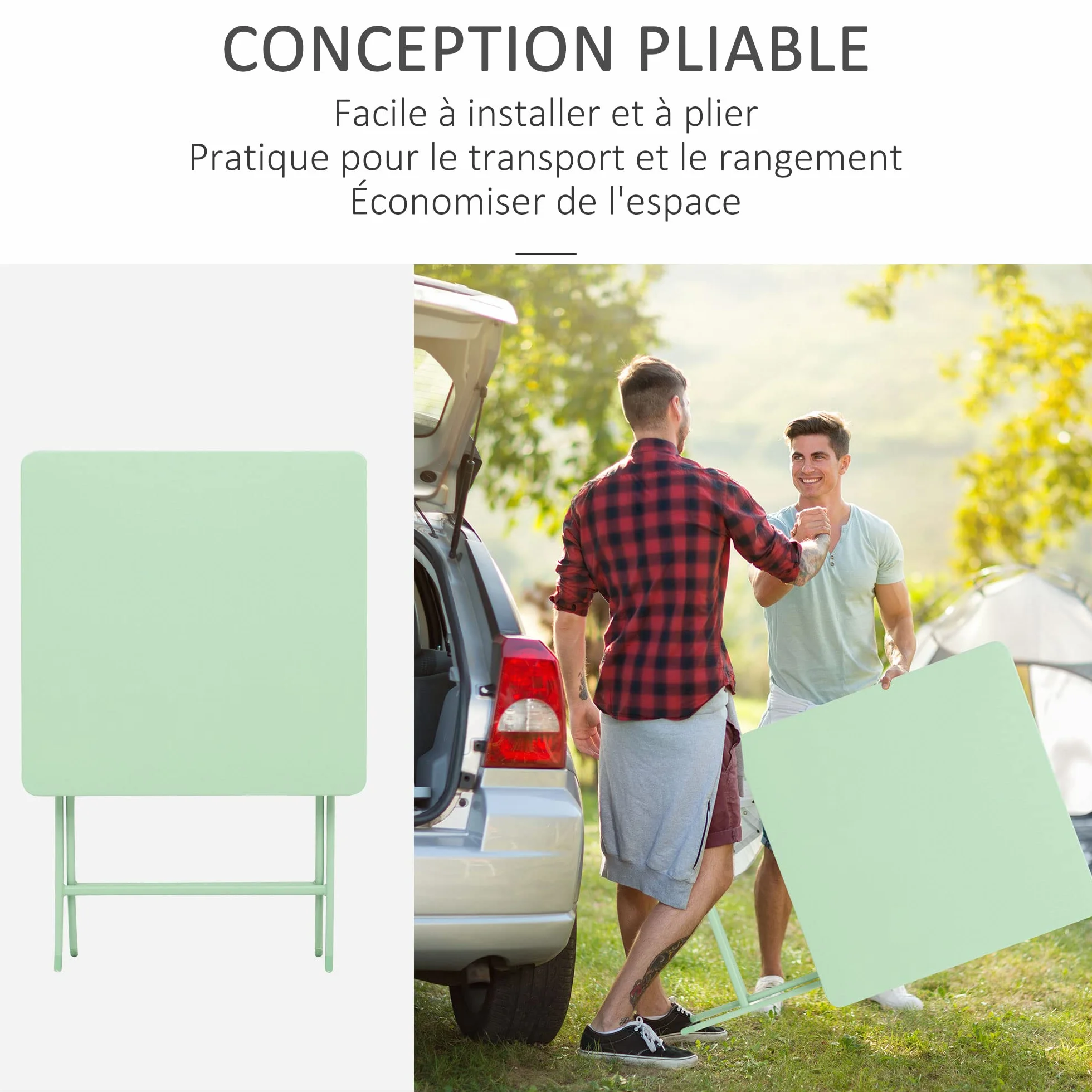Outsunny Salon de Jardin Bistro Pliable Table Carrée 60x60x71 cm Métal Thermolaqué Vert d'Eau avec 2 Chaises