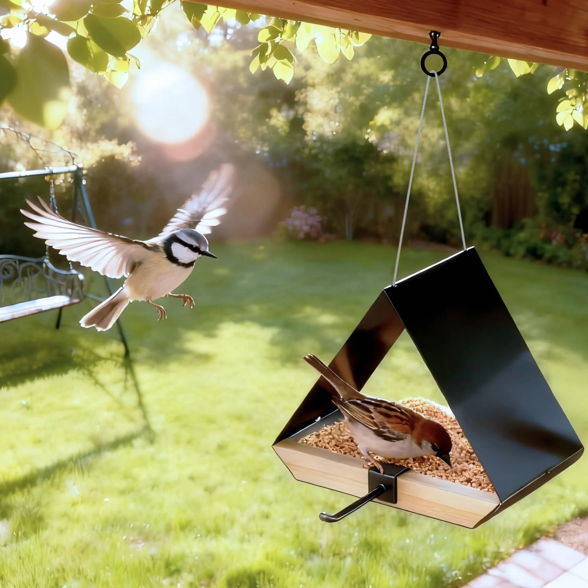 FANHAO Mangeoire à Oiseaux Toit Métal Suspendre Extérieur Maillage Ventilé Facile à Nettoyer Noir