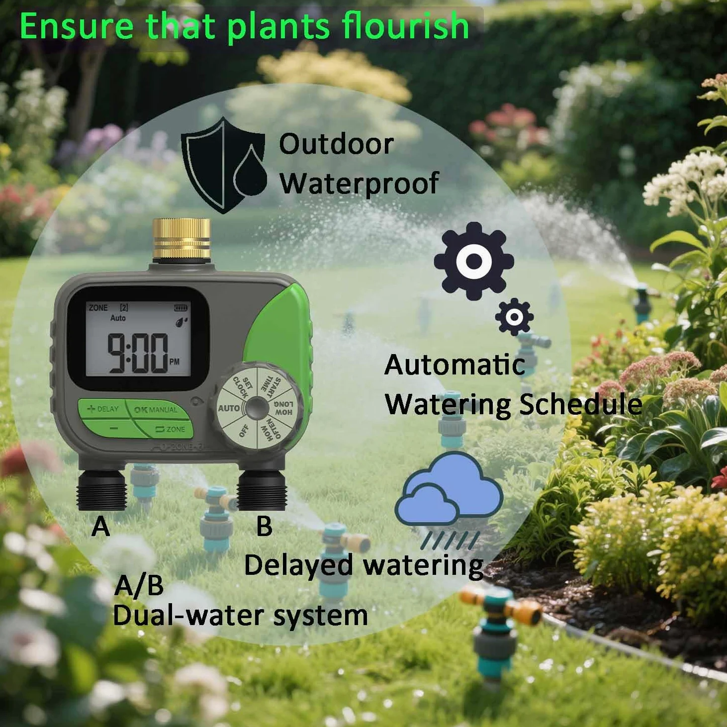 Système d'irrigation goutte à goutte pour jardin avec minuterie d'eau, ID principal 1,27 cm, 10,6 m et tuyau d'eau de 0,6 cm, double système d'arrosage pression suffisante, débit d'eau uniformément