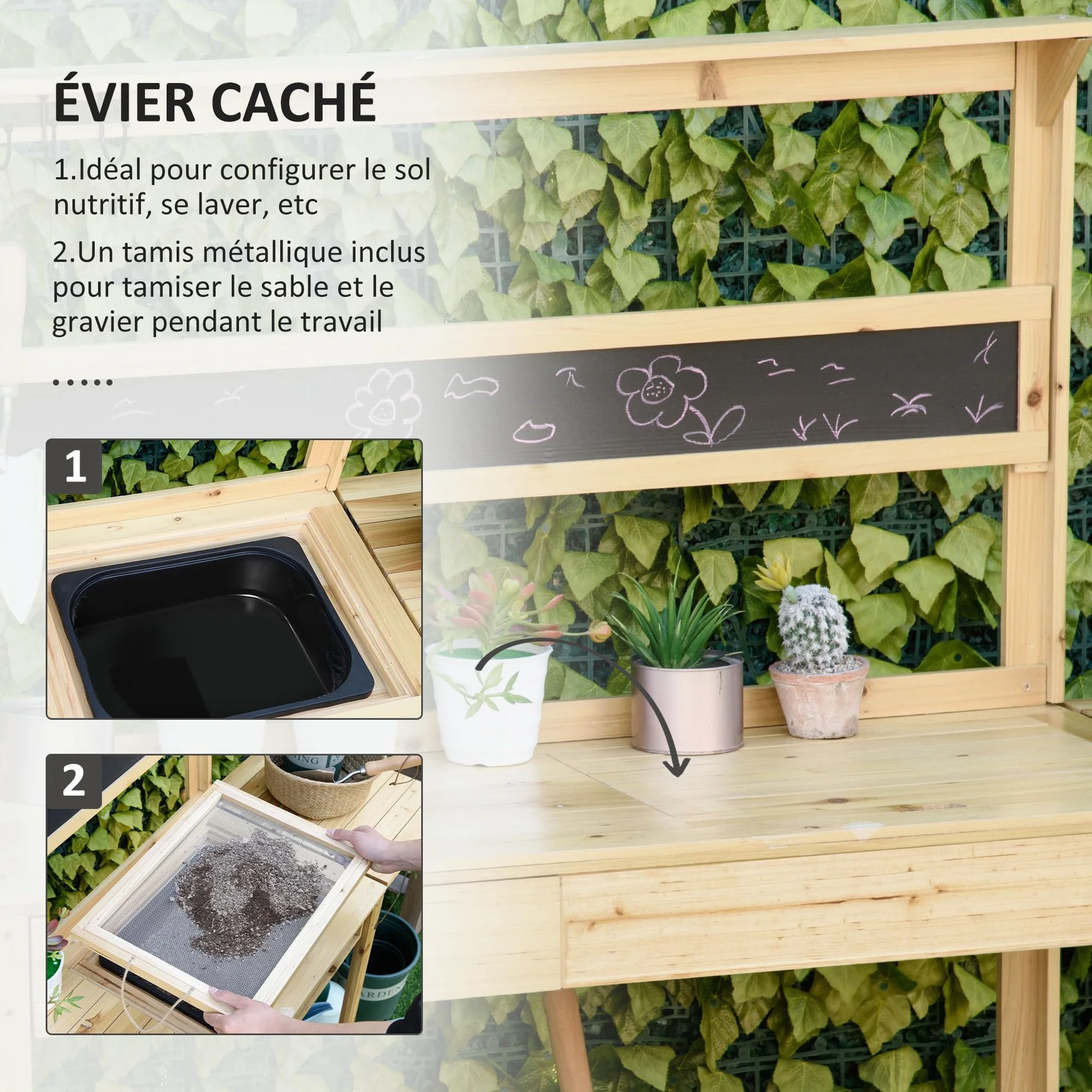 Outsunny Table de rempotage de jardin avec 2 étagères, tiroir, étagère pliante, 8 crochets, évier, tamis, planche en bois d'épicéa