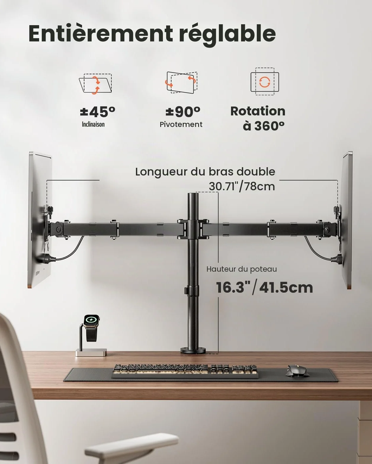 ErGear Support Ecran PC 2 Ecran pour Moniteurs 13-32 Pouces Bras Réglable Hauteur Rotatif Pivotant Inclinaison ±45° Charge 8kg VESA 75/100