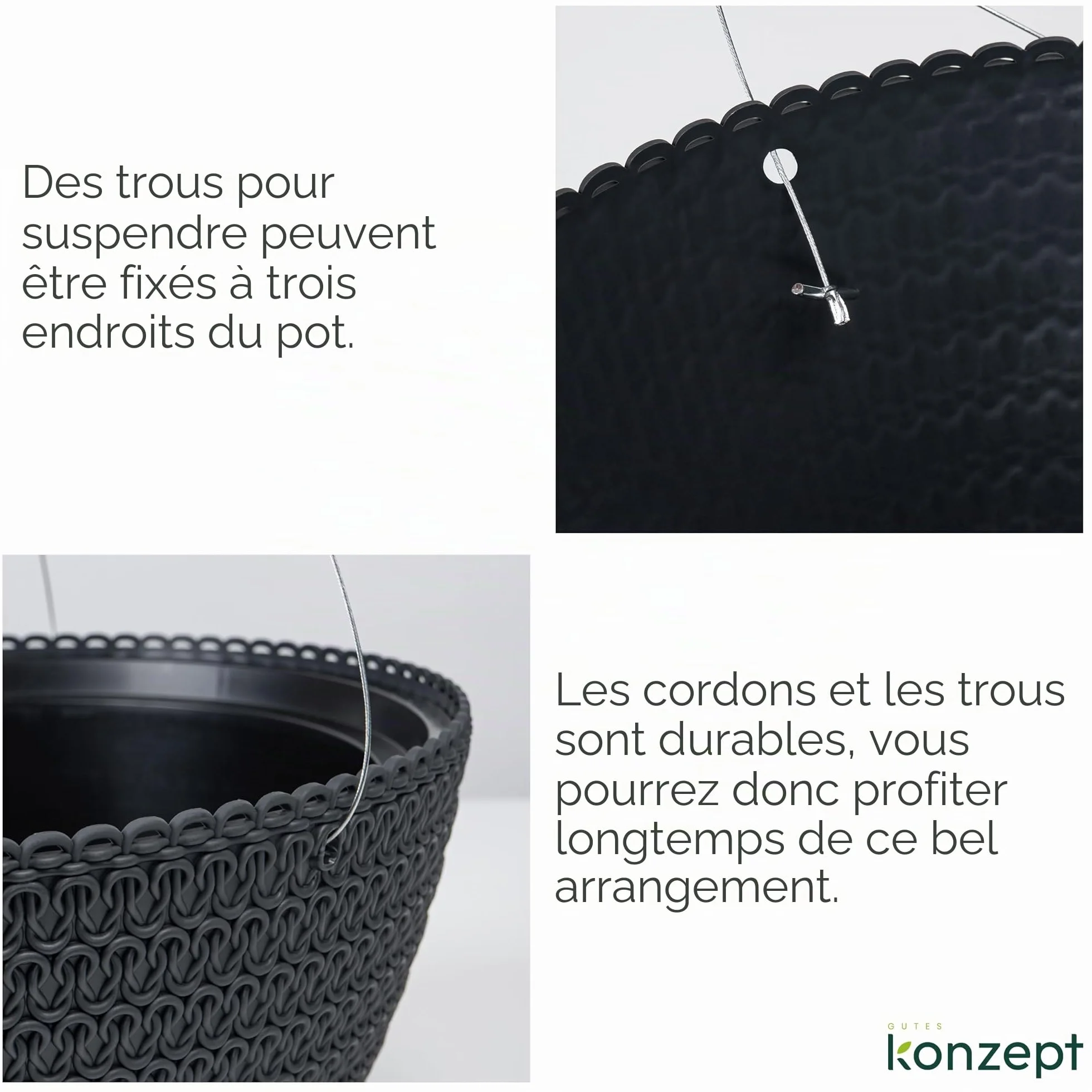 KONZEPT Pot de fleurs suspendu 30 cm Anthracite Motif tressé