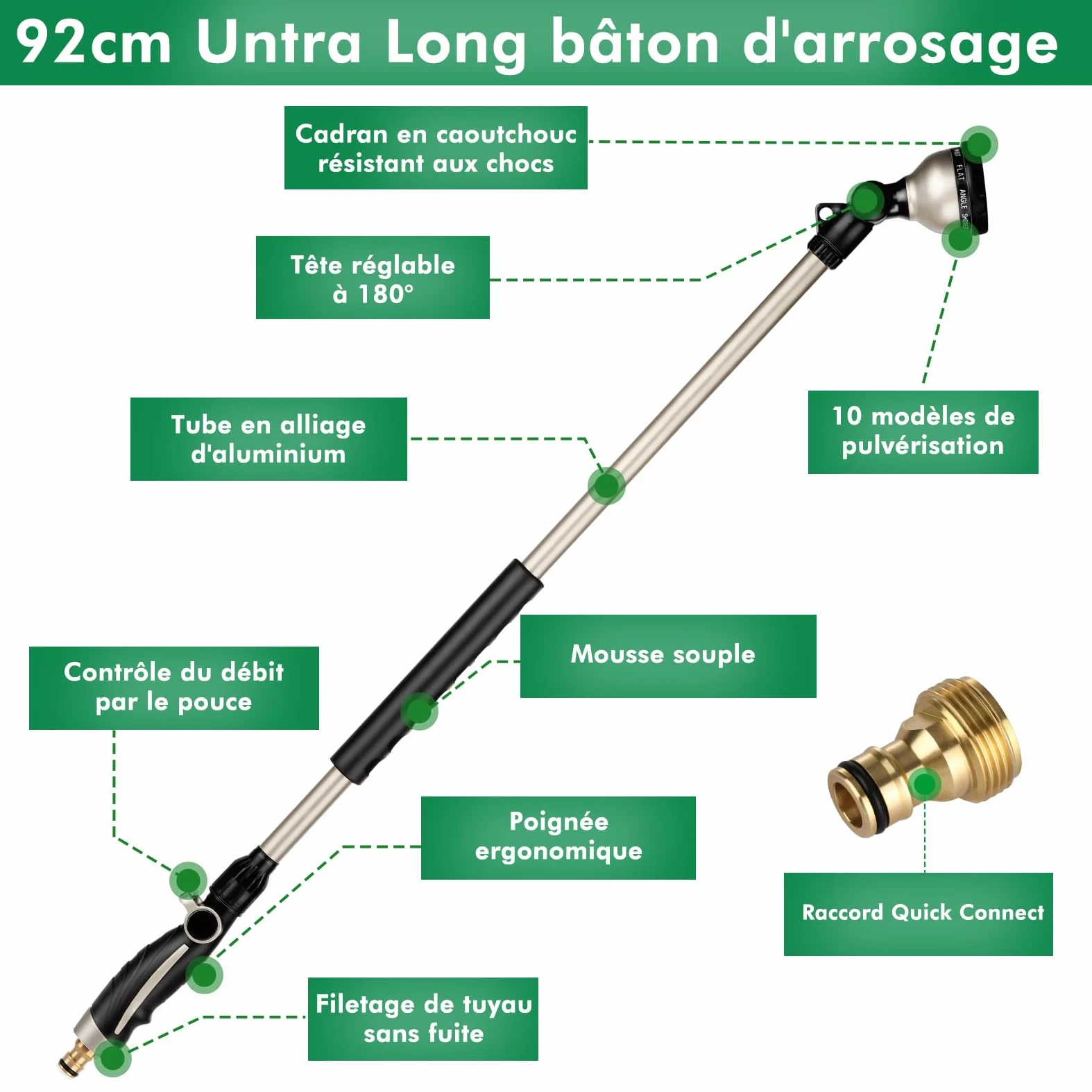 RESTMO Pistolet d'arrosage de jardin en métal extra-longue 92 cm | Avec sa buse rotative à 180°,10 modes de pulvérisation et son contrôle du débit, l'arrosage des paniers suspendus arbustes.