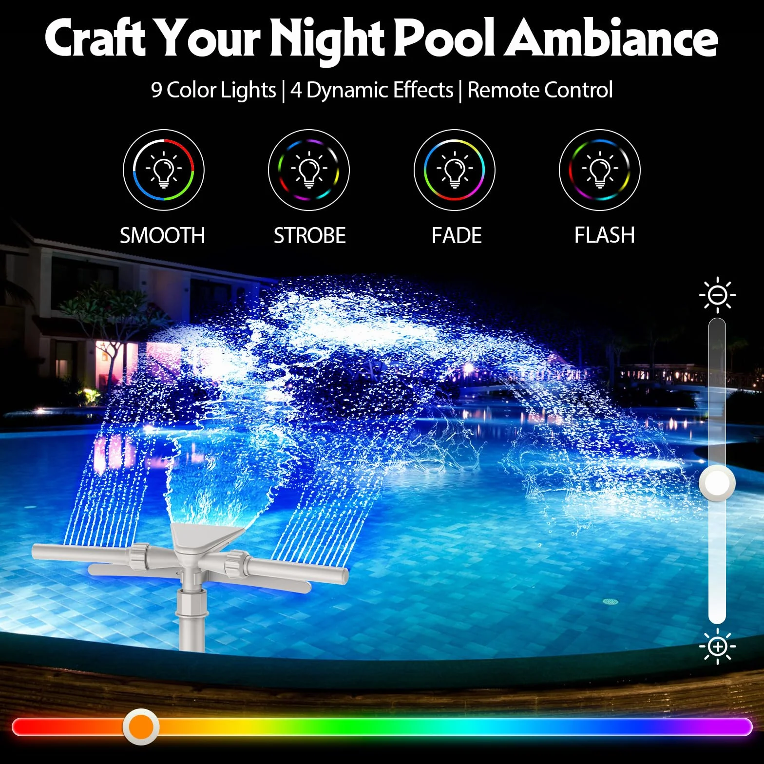 Mooroer Fontaine de Piscine Solaire Tête 2 en 1 LED 9 Couleurs Télécommande Réglable Refroidit l’Eau 5-11°C Piscines Hors Sol Encastrées