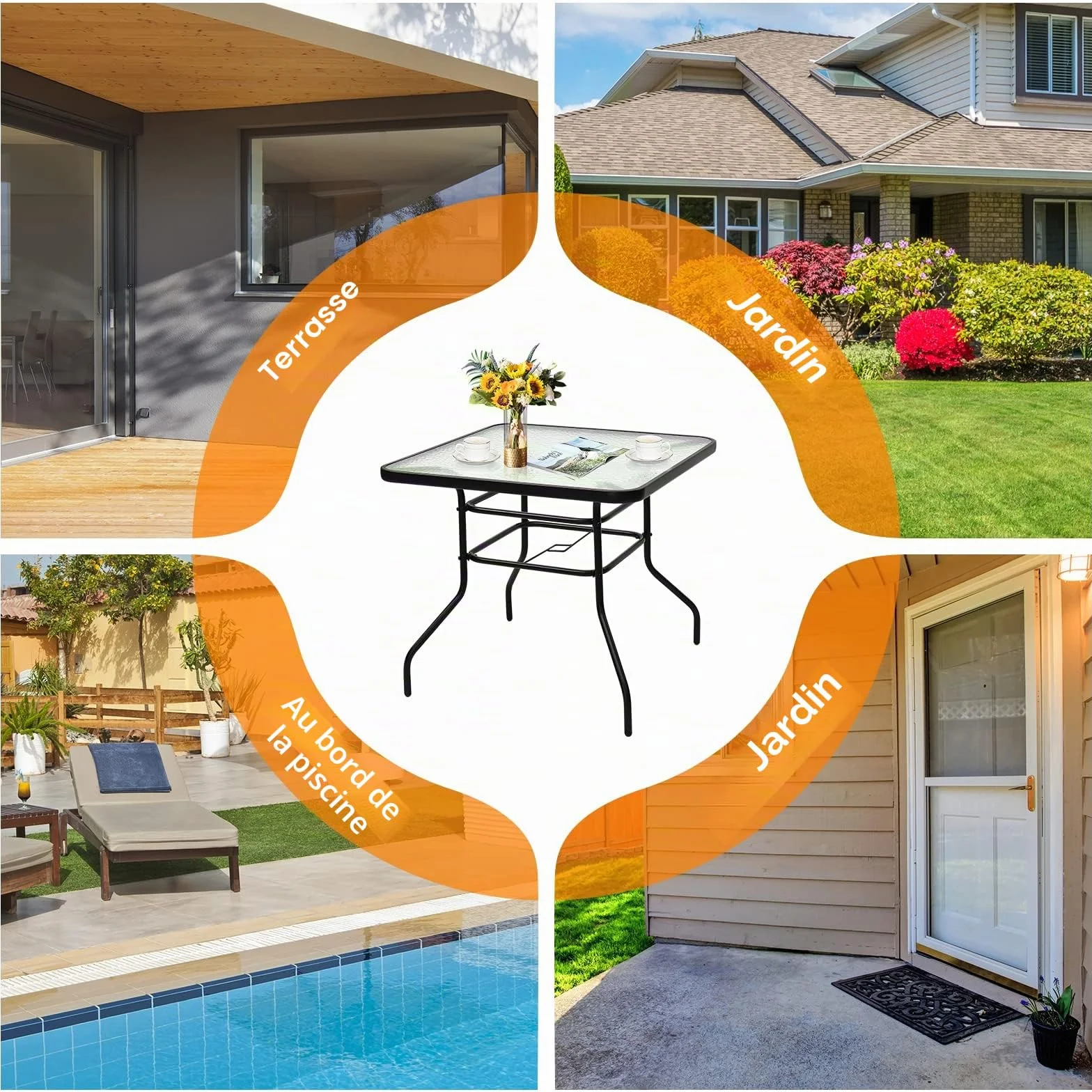 GIANTEX Table de Jardin Carré 81x81 cm Verre Trempé avec Trou de Parasol Métal Laqué