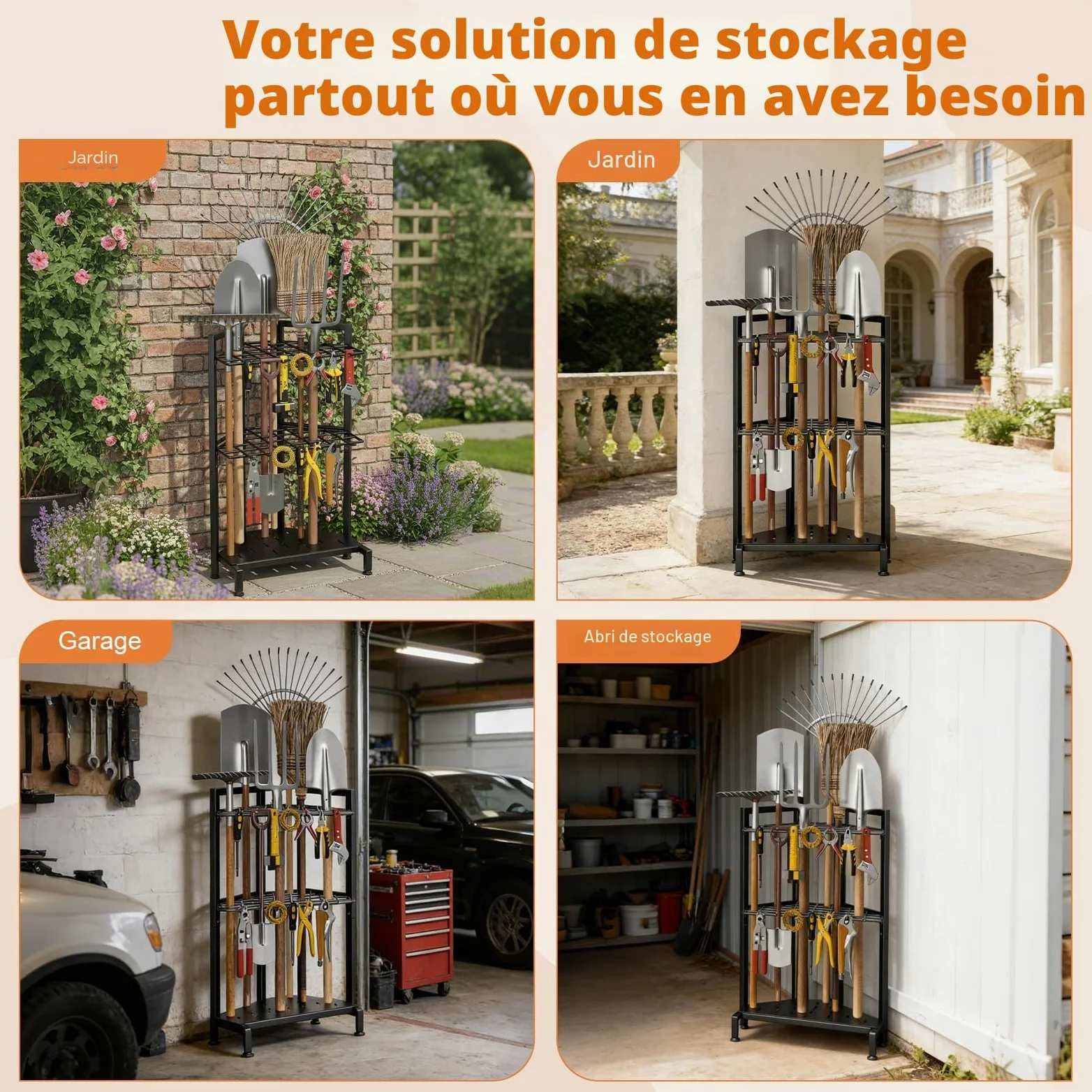 Organiseur D'Outils de Jardin éTagèRe à Outils de Jardin pour Coin Support en MéTal Robuste avec 34 Compartiments De Rangement Et 14 Crochets pour Pelles, RâTeaux, Outils à Long Manche
