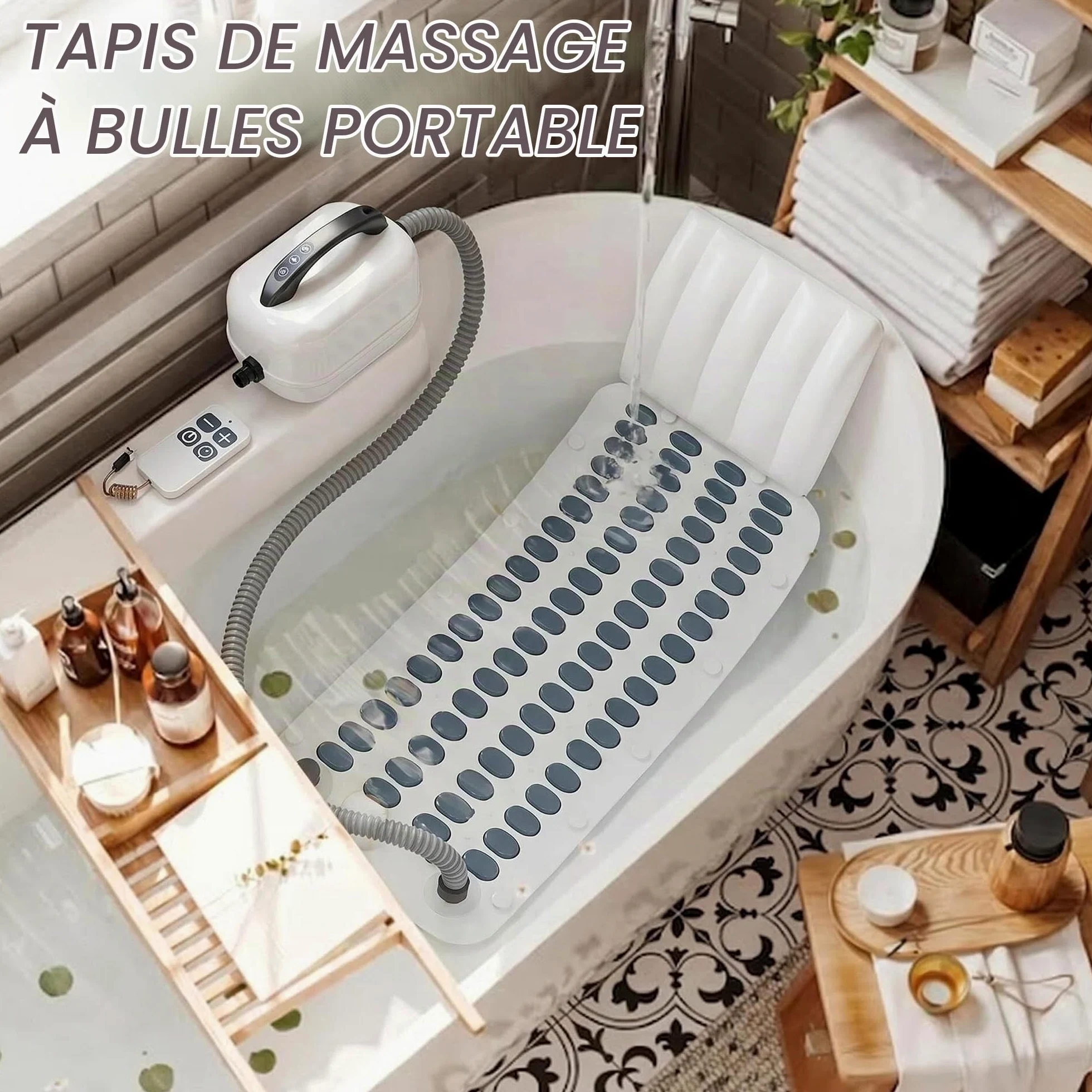 Tapis de Bain moussant avec Coussin | tapis de spa avec ventouses antidérapantes, avec 6 vitesses de bulles