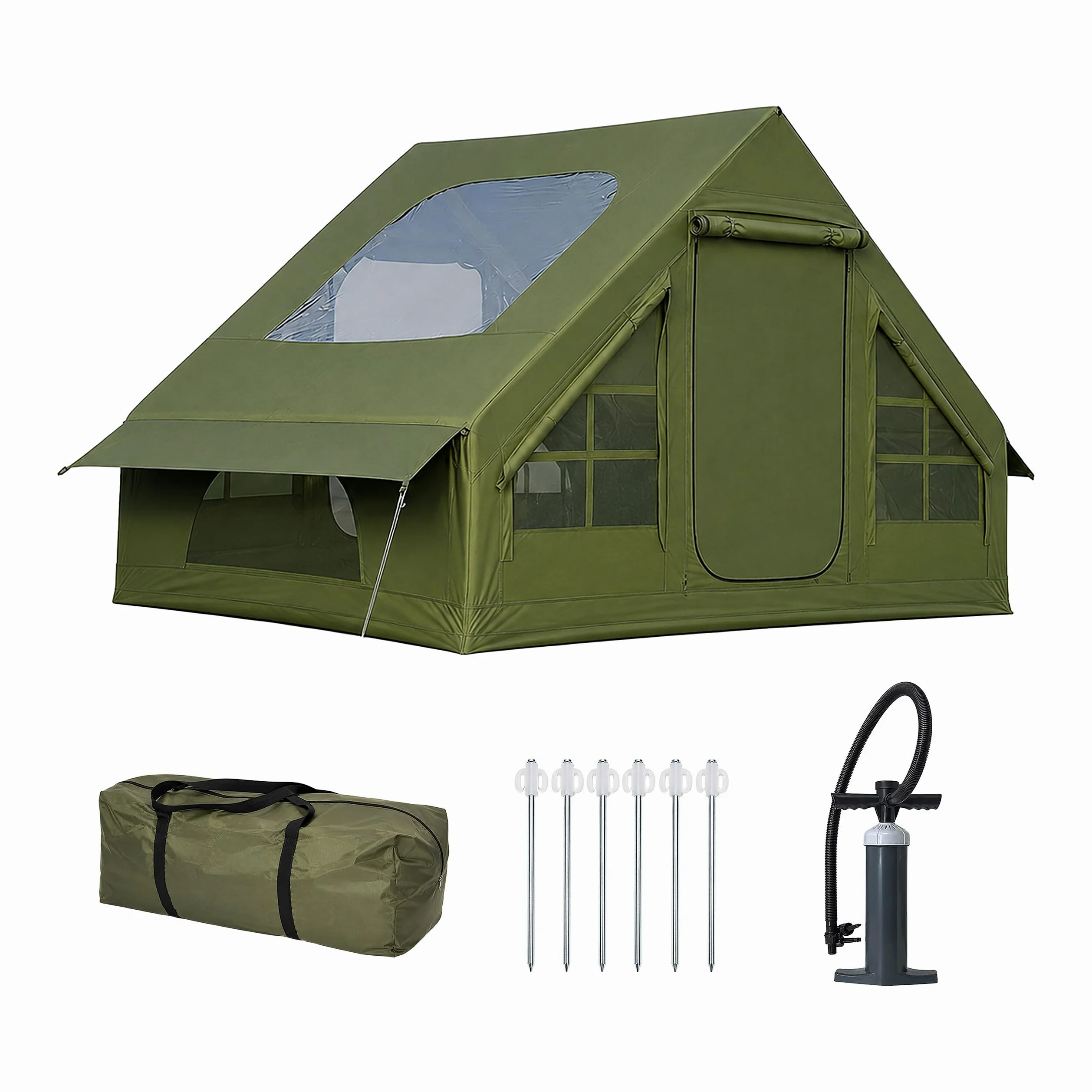 Relaxdays Tente de Camping Gonflable 200x300x210 cm, Montage Rapide, Verte | Tente gonflable étanche, moustiquaire, pompe