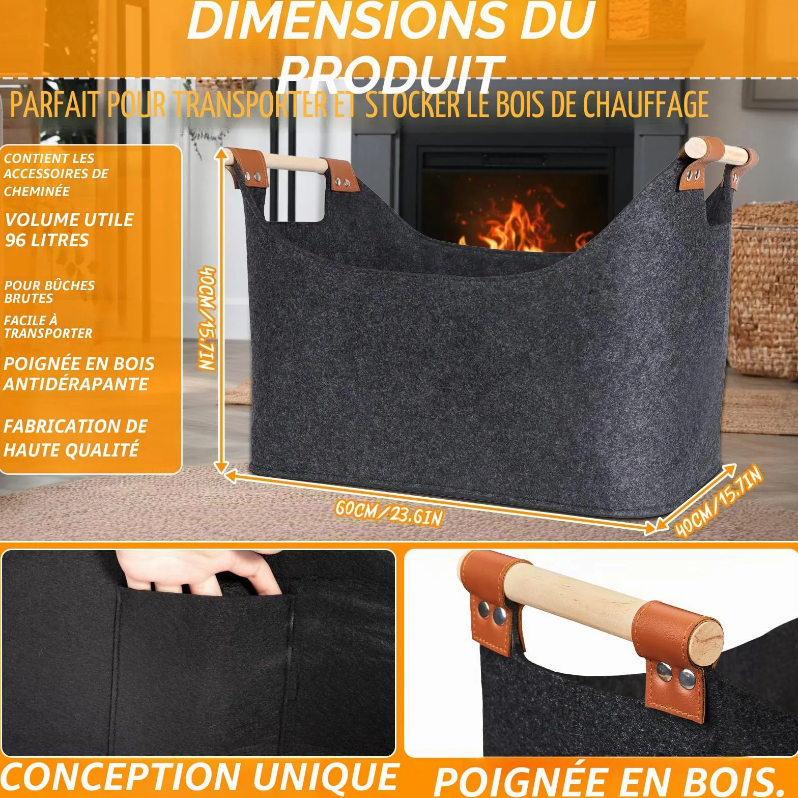 Panier à Bûches Pliable 60x40xcm avec Poignée et Poches Latérales