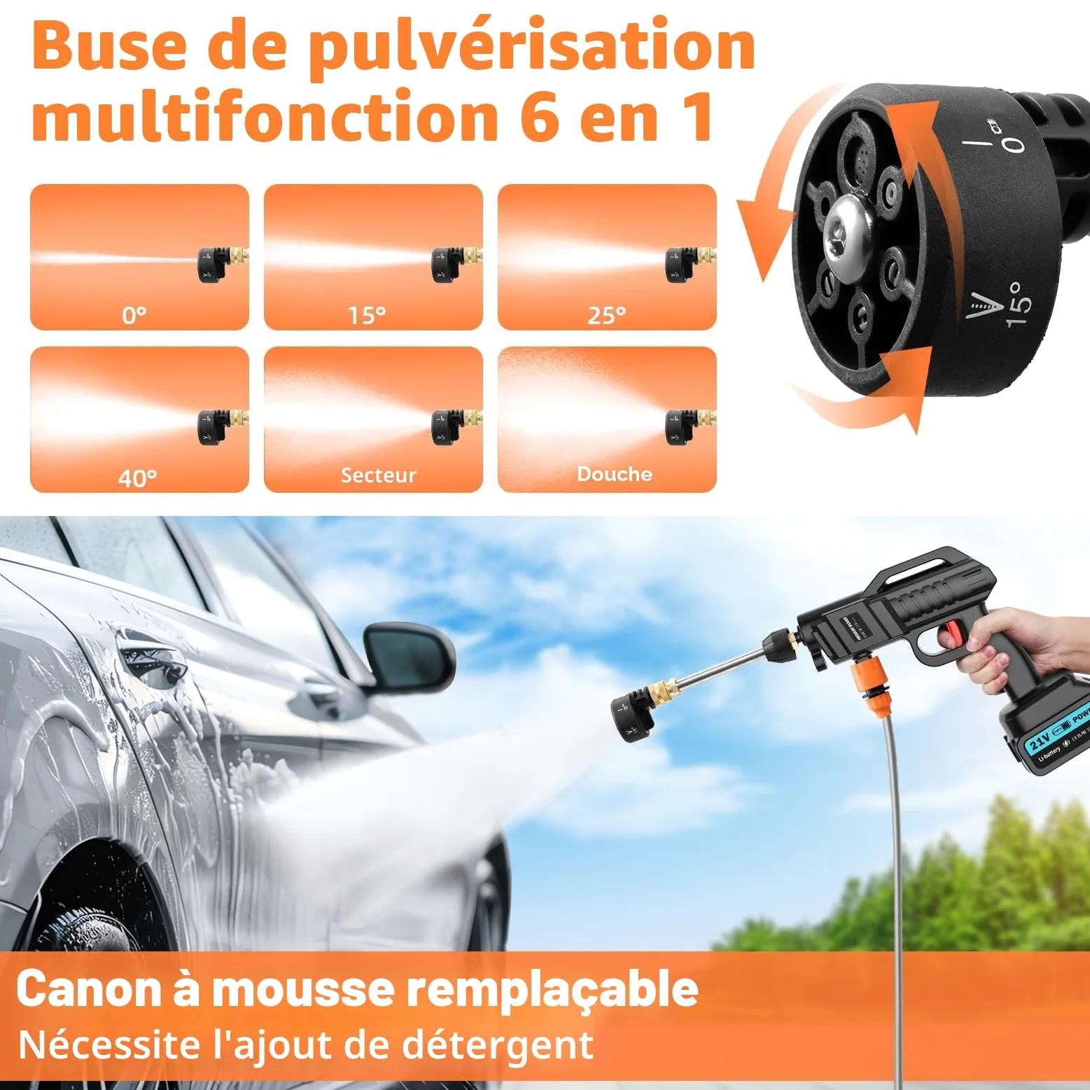 Nettoyeur Haute Pression sans Fil 100 Bar 270 l/h | Pistolet Portable avec 2 x 3000 mAh | Pistolet de Lavage Mobile 6 en 1, buse réglable 5 m pour Balcon, Voiture, Garage