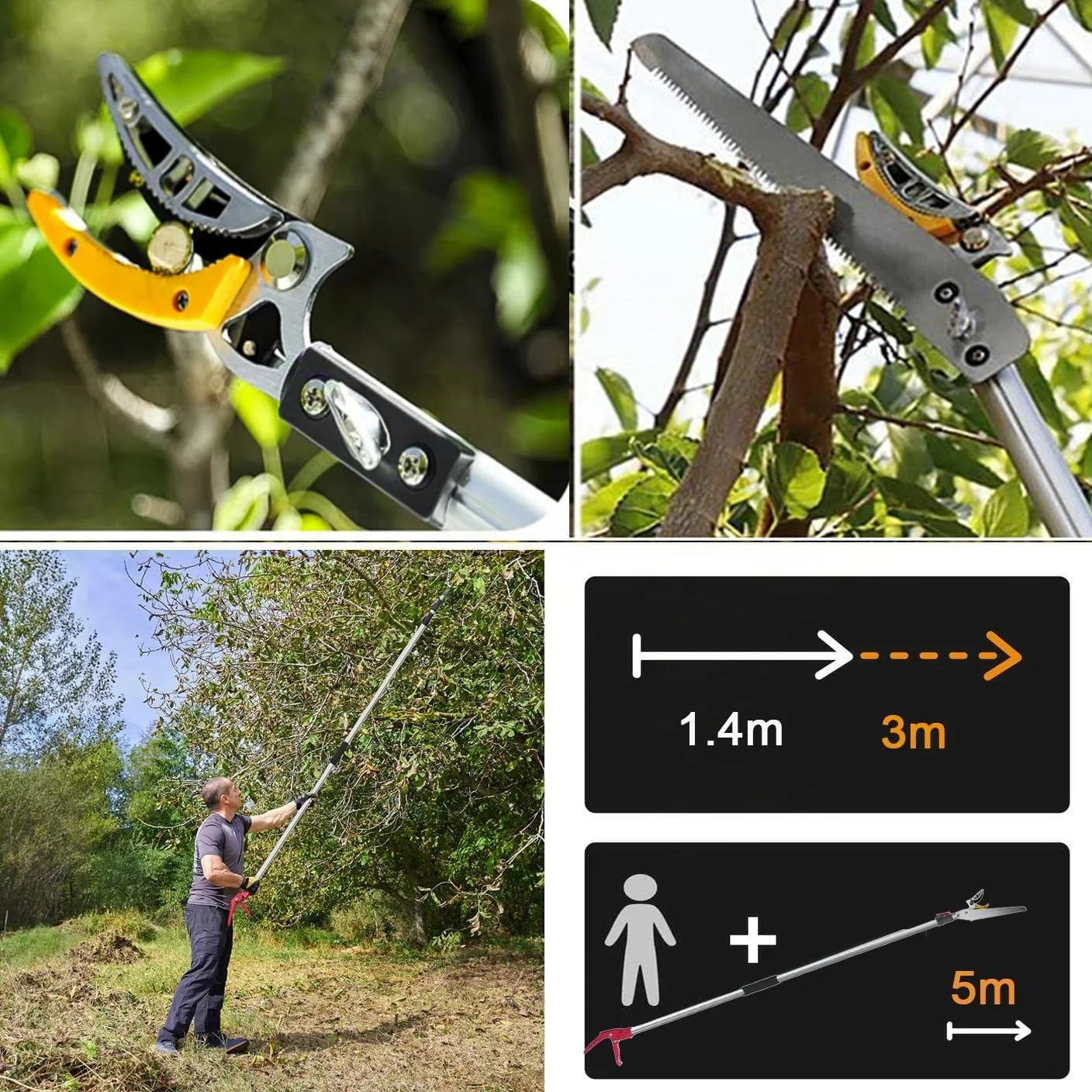 Sécateur Télescopique 3 m, Secateur avec Long Manche Telescopique sur Tringle Fruits étang Perche Échenilloir Girafe d'arbre en Alliage d'aluminium Léger et Solide Coupe-Branches 15 mm
