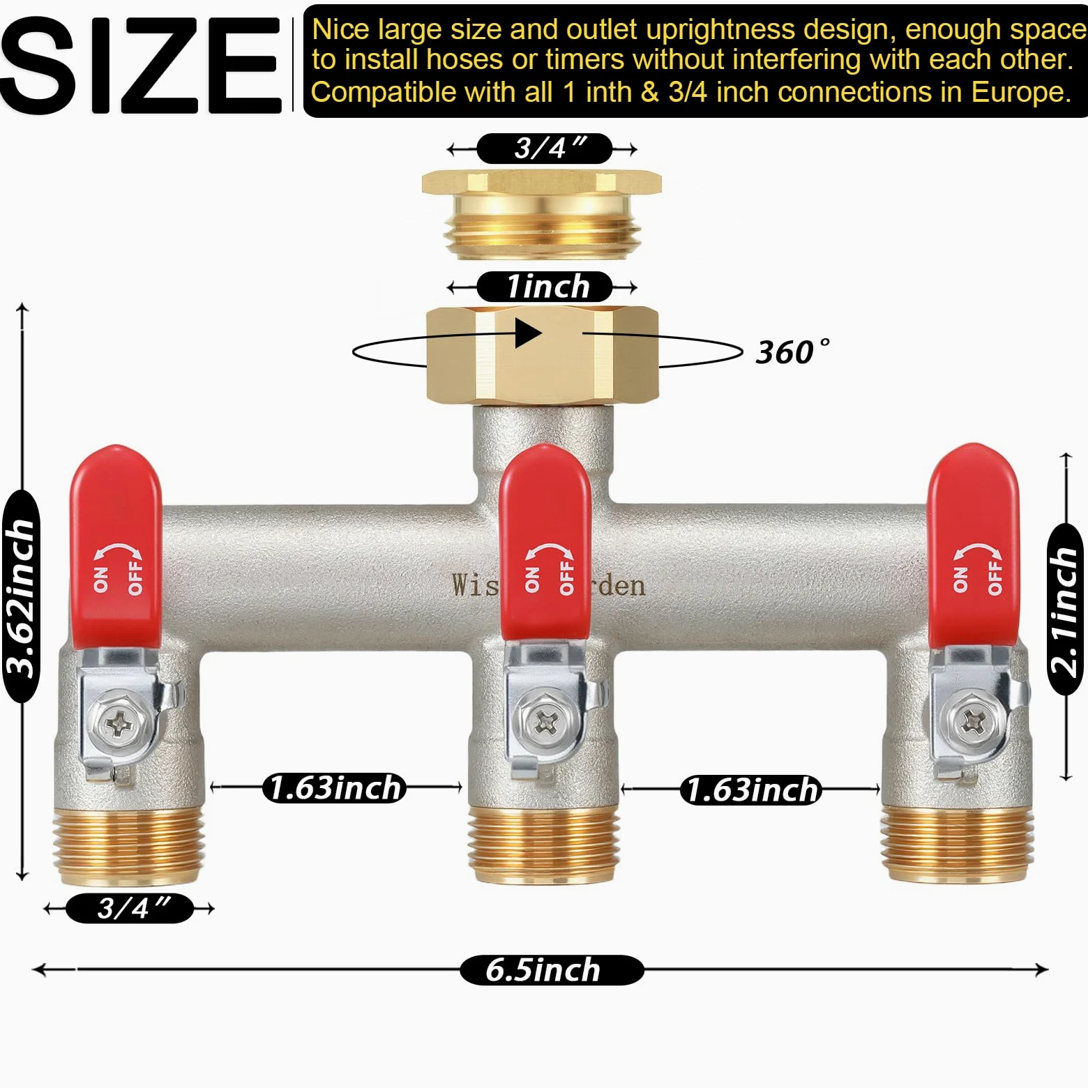 Distributeur 3 Voies, Vanne à 3 Voies d'Eau pour Robinet avec Filetage de 1 Pouce, Poignée Allongée Rouge, Laiton Robuste et Durable, avec Adaptateur 3/4 Pouce