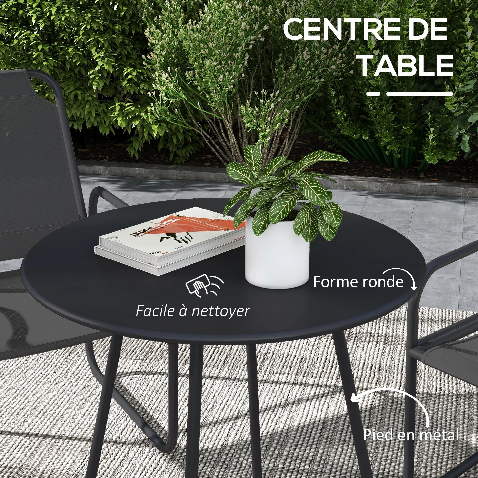 Outsunny Salon de Jardin 3 pièces, 2 fauteuils 1 table ronde, Acier, Tissu respirant, Gris
