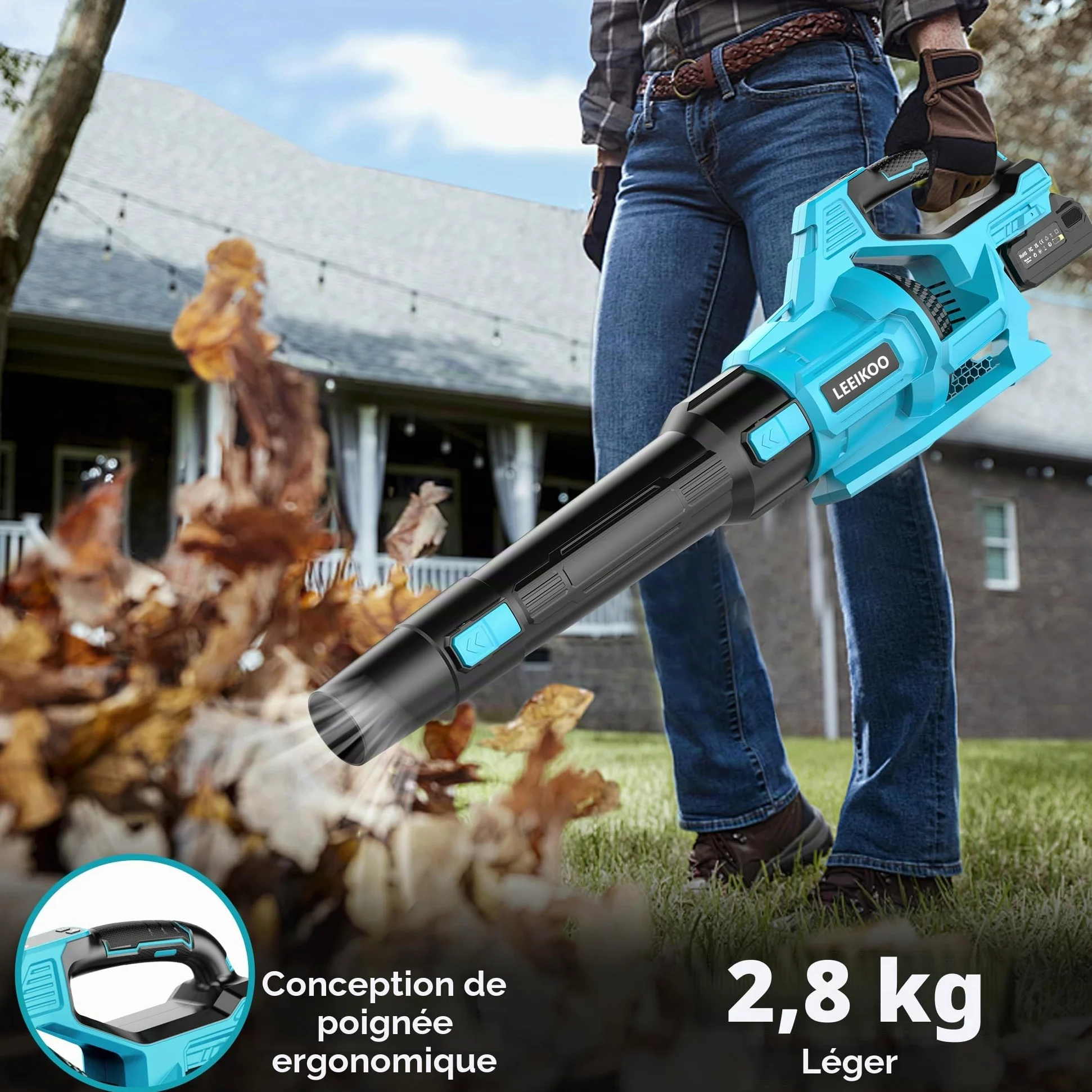 Souffleur Batterie, 21V Souffleur de Feuilles avec 2 Batteries 4,0Ah, 3 Vitesses, 2 Tubes de Soufflage, Sangle Souffleur à Batterie pour Nettoyage de Jardin