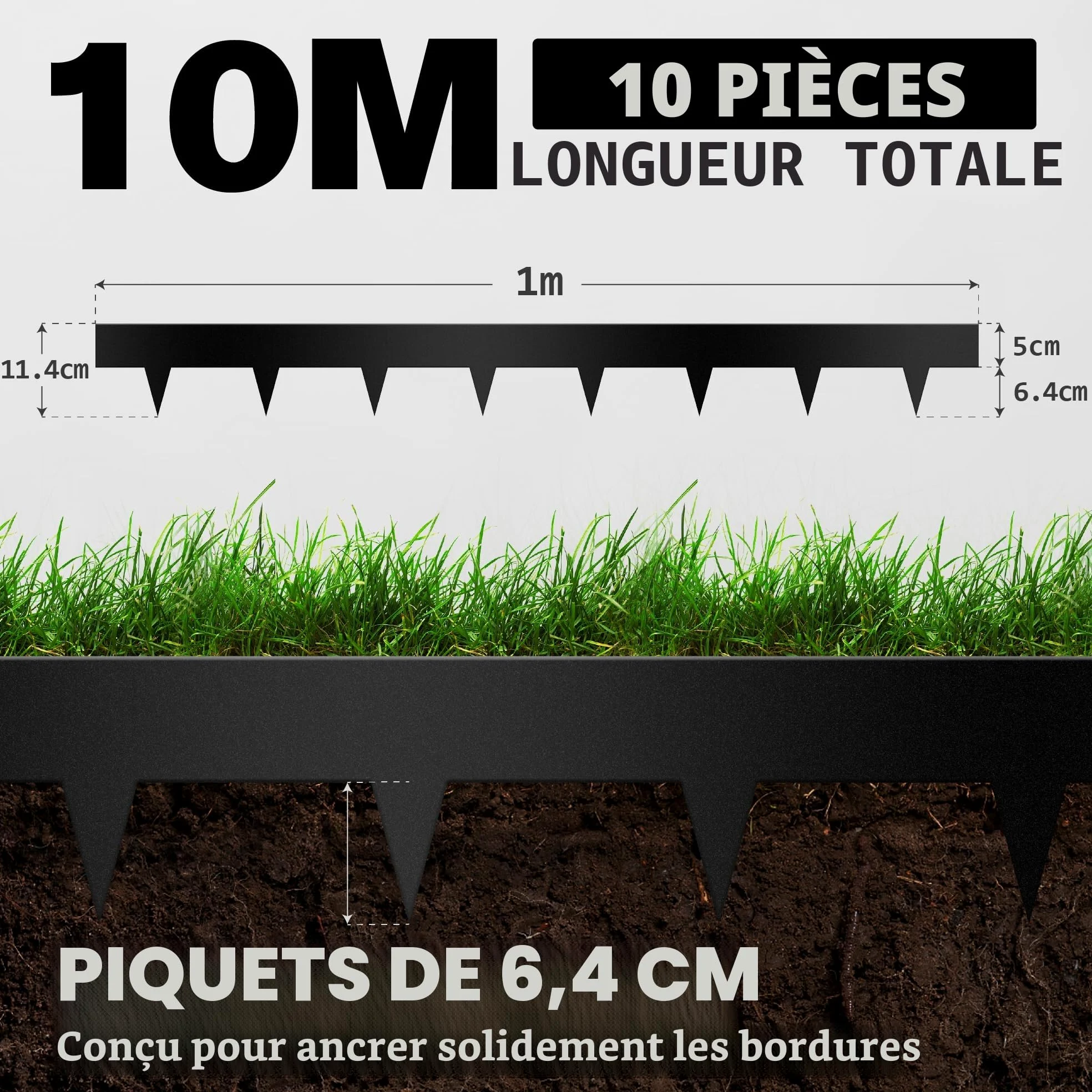 Lot de 10 bordures de pelouse galvanisées - 1 m de long x 11,4 cm de haut - Avec revêtement en poudre noire - En acier - Séparateur de cour - Bordure décorative en métal (10 m de