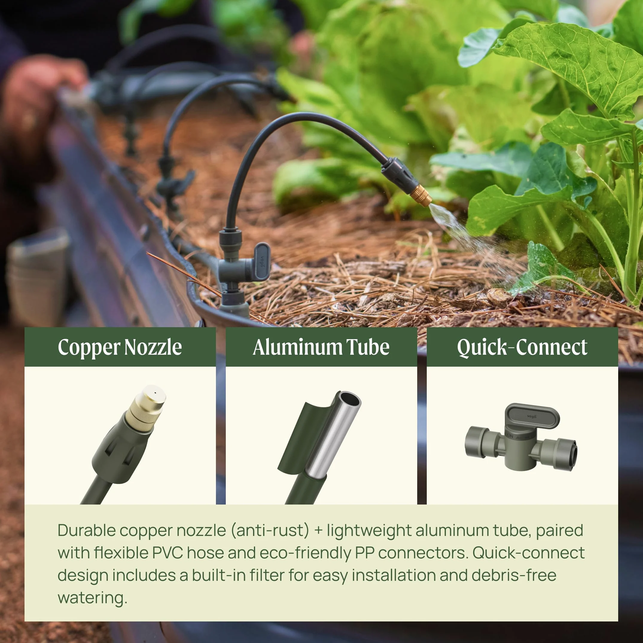Vego Kit d'irrigation de jardin – Système d'irrigation goutte à goutte pour parterres de jardin surélevés, solution d'arrosage efficace pour légumes, fleurs et plantes, installation facile à faire