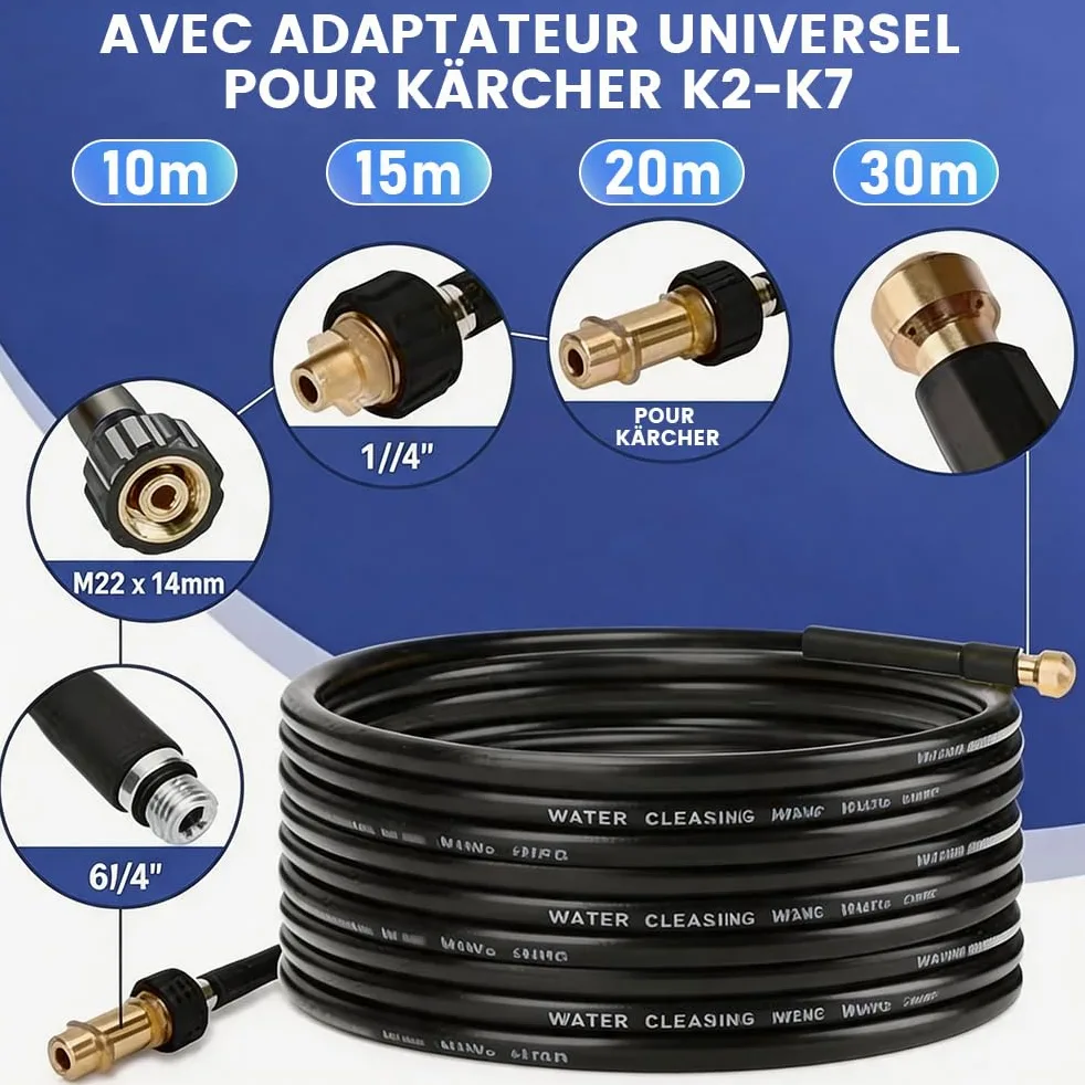 XIIW Tuyau Déboucheur Canalisation 30m 180bar Compatible avec Kärcher K2-K7 | Tuyau avec Adaptateur M22, Buse 4 Jets, Tuyaux pour Nettoyeur Haute Pression, Kit Furet Professionnel Deboucheur Canalisation